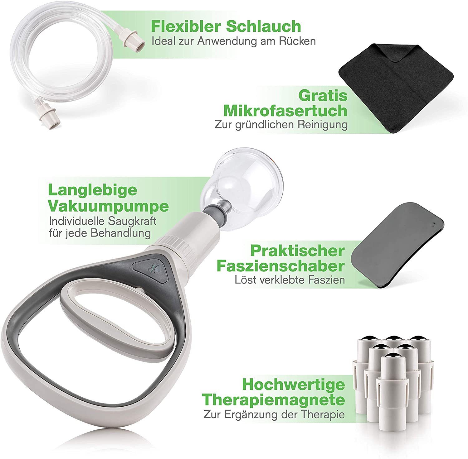 BACKLAxx® Massagegerät Schröpfen Set, 12x Glocken, 6x Therapiemagnete, 1x Vakuumpumpe, 1x Faszienschaber, 1x Schlauch, 1x Mikrofasertuch 21-tlg., 12 teilig