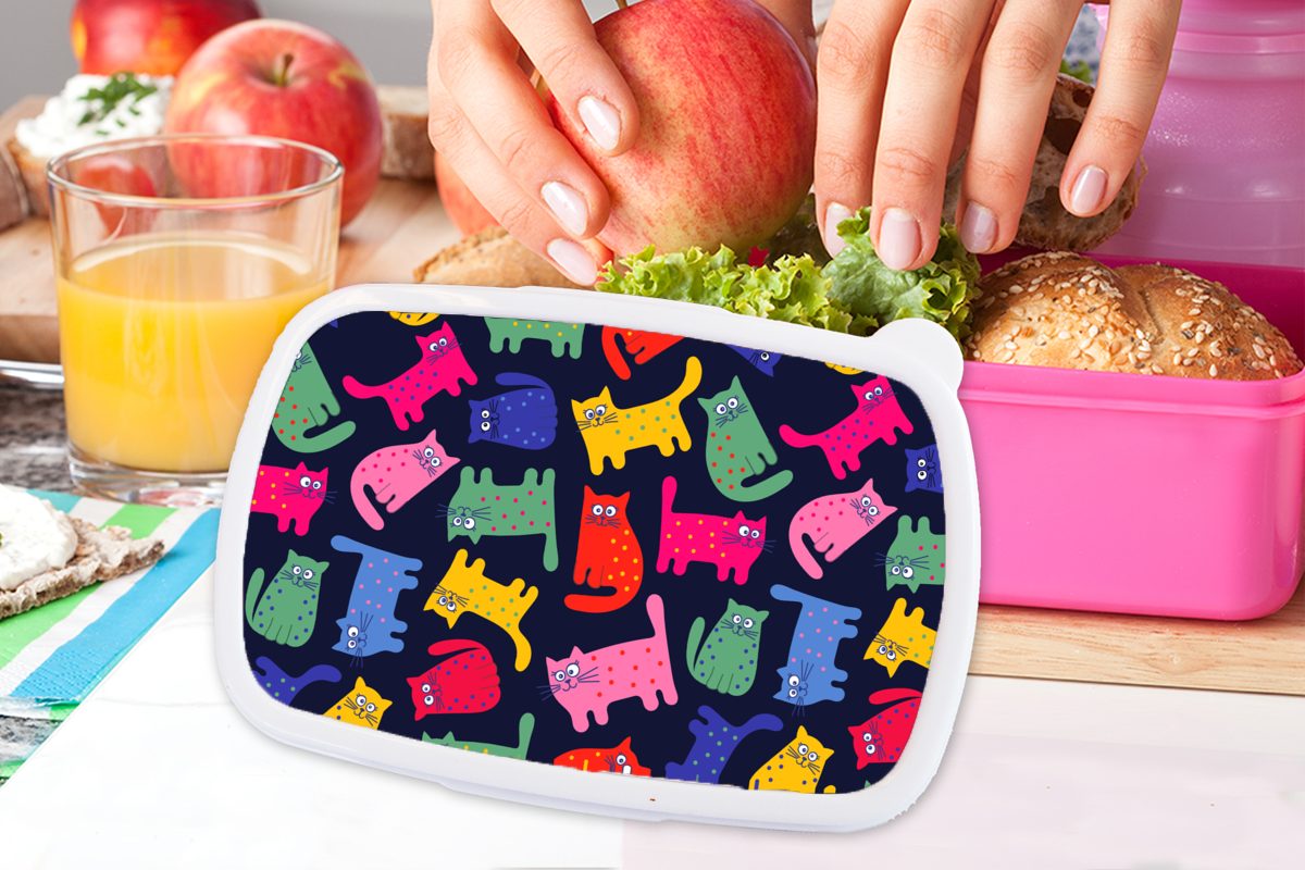 - Lunchbox MuchoWow (2-tlg), Erwachsene, für - Snackbox, Mädchen, - Rosa Mädchen Kunststoff - Katze Brotbox - Kunststoff, Brotdose Kind, Kinder, Regenbogen Muster - Kinder