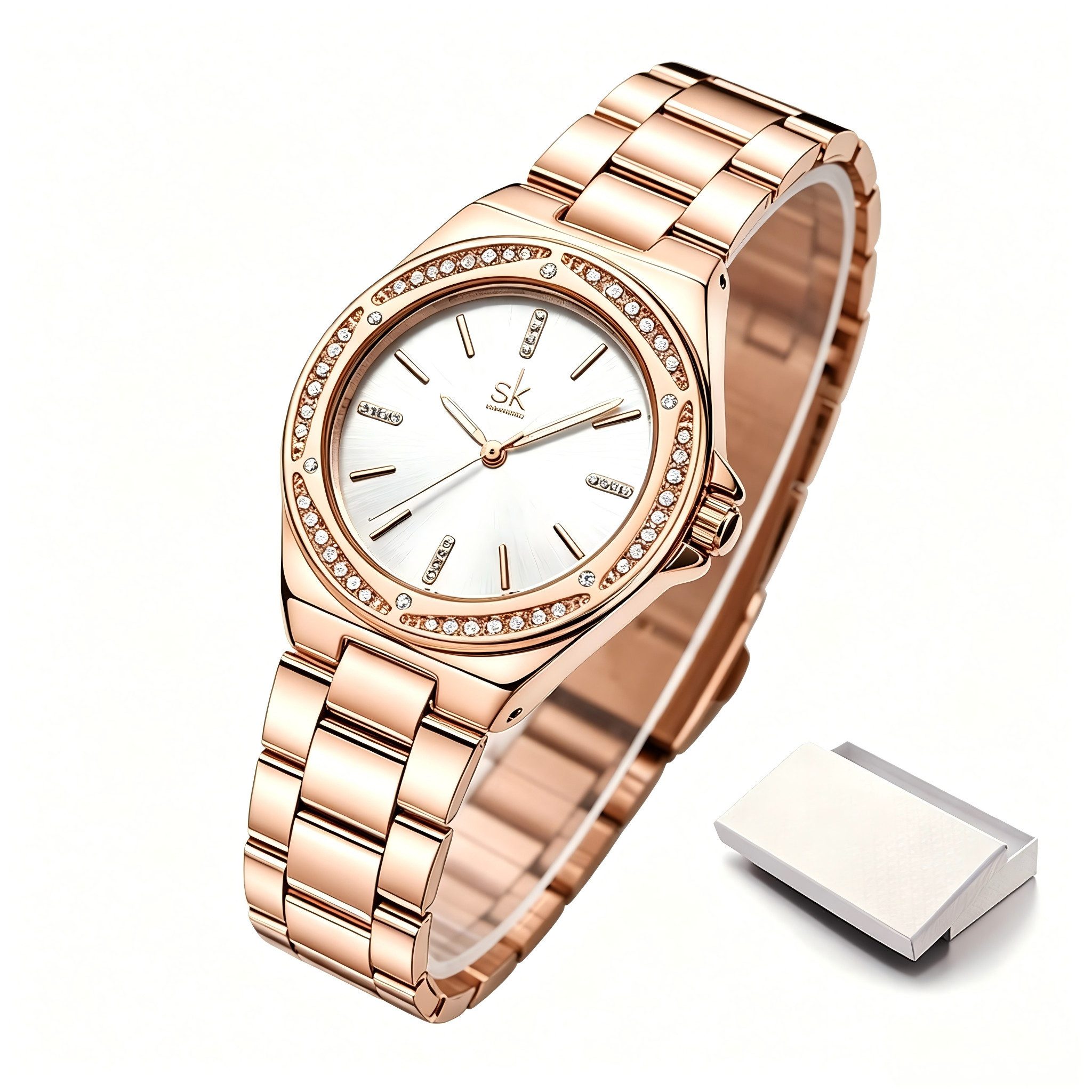 ibettertec Quarzuhr Armbanduhr Damen, Mit Kristallen besetzt, Modern & edel, (Packung, 3ATM wasserdicht, Elegant, Zeitlos, Geschenk für Frauen), Roségold Uhr, Uhr mit Kristallen, Runde Uhr, Edelstahlarmband