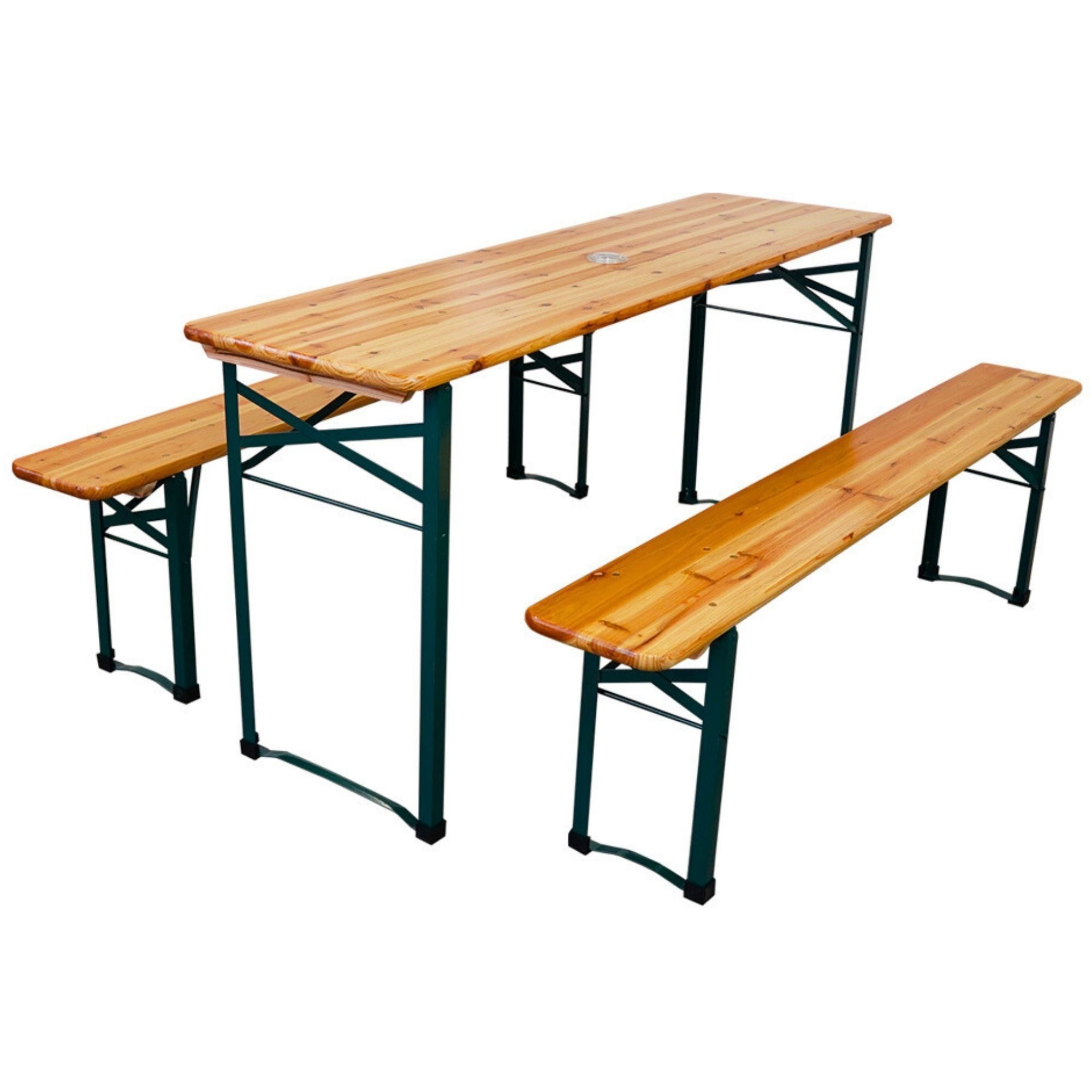 PROREGAL® Bierzeltgarnitur Bistrotisch 3-teilig mit 1x Tisch & 2x Bierbänke für 6 Personen, Bierzeltgarnitur Set mit Schirmhalterung und Bodenschoner