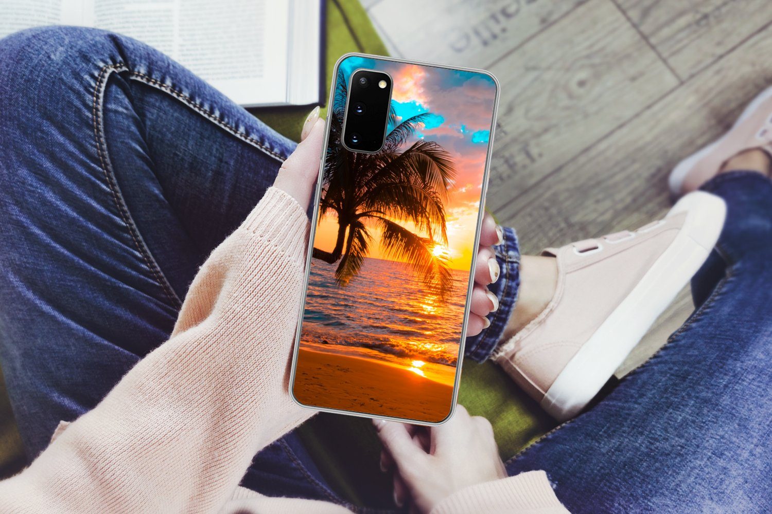 MuchoWow Handyhülle für Samsung Galaxy S20 Palme - Sonnenuntergang - Horizont - Strand - M, Phone Case, Silikon, Schutzhülle Dünn