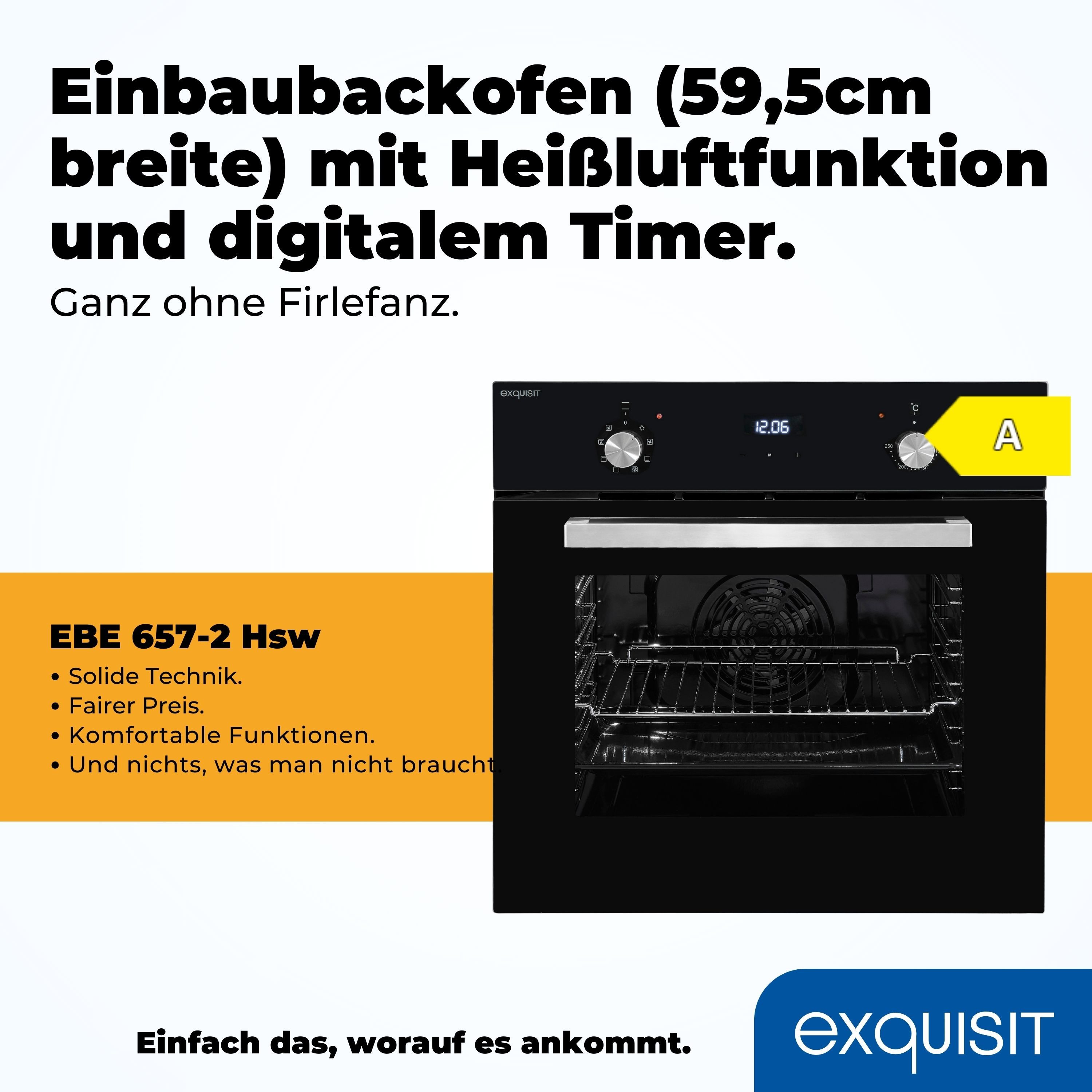 exquisit Einbaubackofen EBE 657-2H sw, Pizzafunktion – ideal für Pizza, Focaccia und mehr!