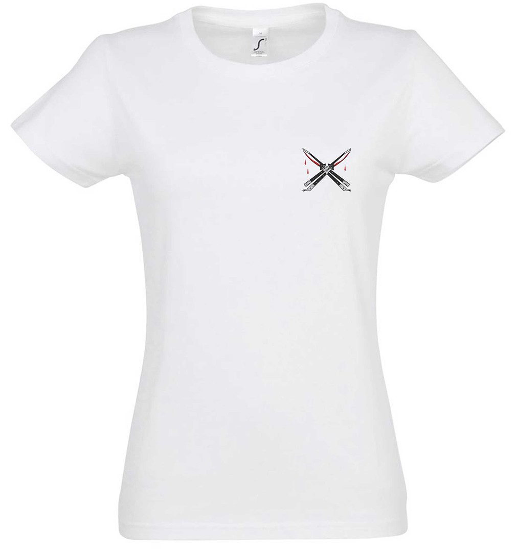 Print-Shirt Butterfly Knifes II Damen T-Shirt Dagger Messer Dolch Tattoo Latino