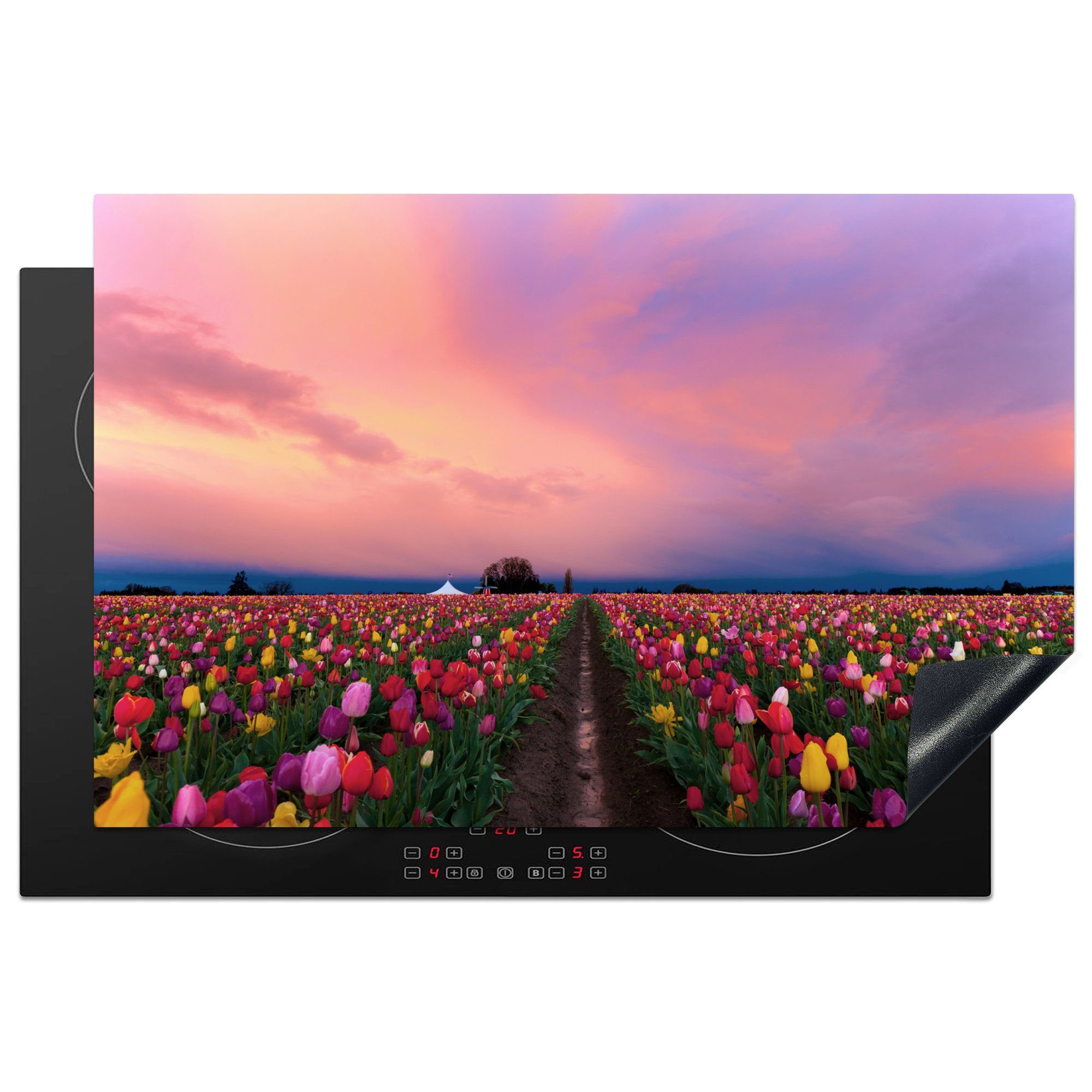 MuchoWow Herdblende-/Abdeckplatte Sonnenuntergang über einem Tulpenfeld, Vinyl, (1 tlg), 81x52 cm, Induktionskochfeld Schutz für die küche, Ceranfeldabdeckung