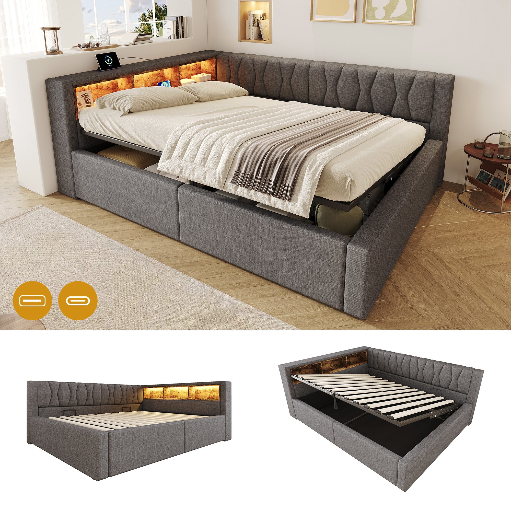 Flieks Daybett, Polsterbett Schlafsofa 140x200cm mit Hydraulik, LED-Leiste, Aufladen