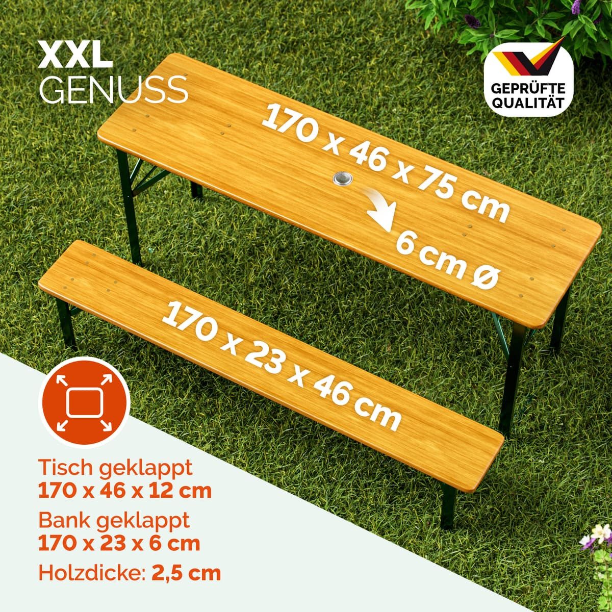 Casaria Bierzeltgarnitur, (3-tlg), 170cm Klappbar Stabil 3 Teilig 2x Bierbank 1x Breiter Tisch Holz