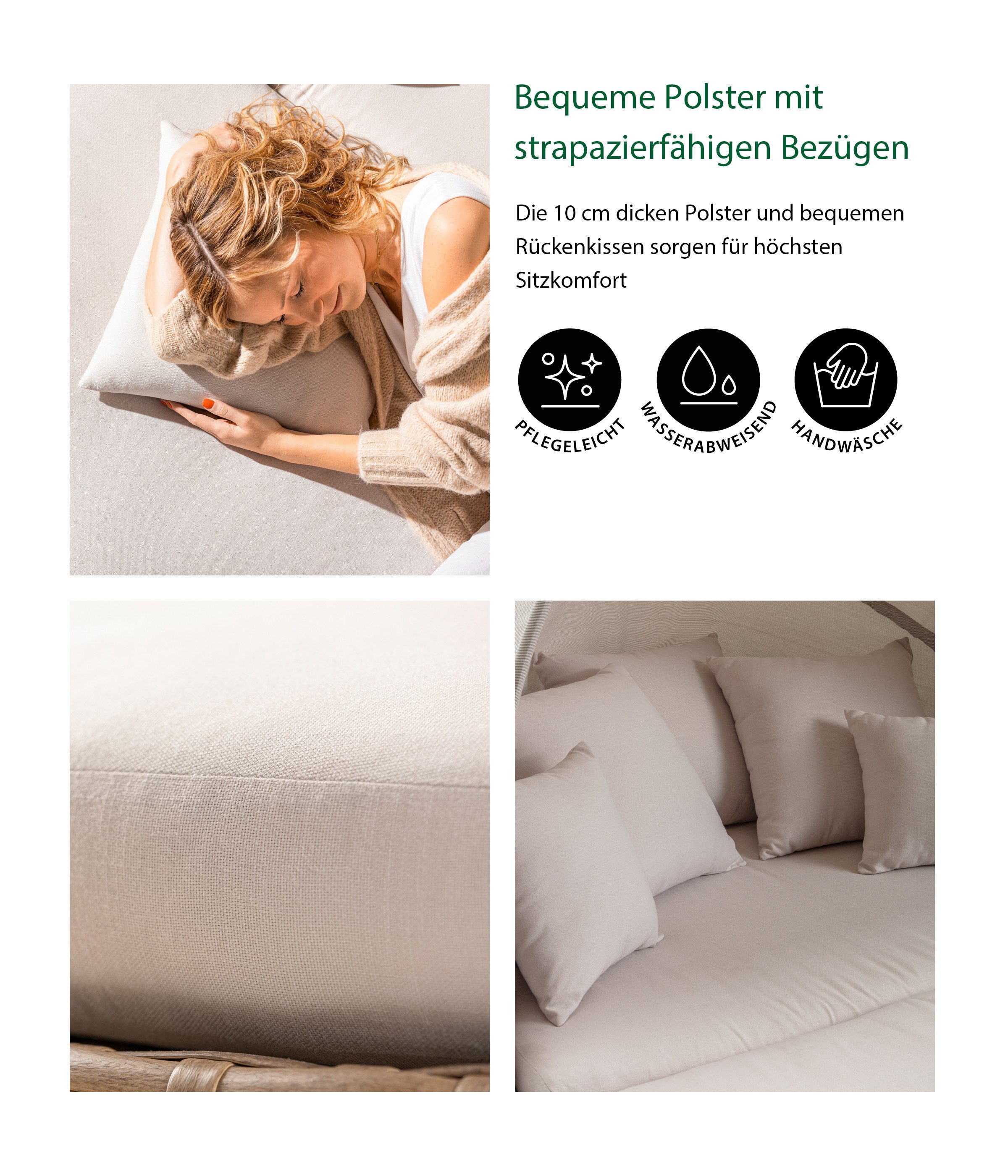 Dehner Gartenlounge-Set Daybed Tulum, 179 x 163 x 220 cm (B/H/T), Liegefläche 146 x 179 cm, gemütliche Sonnenliege mit Faltdach und Polstern
