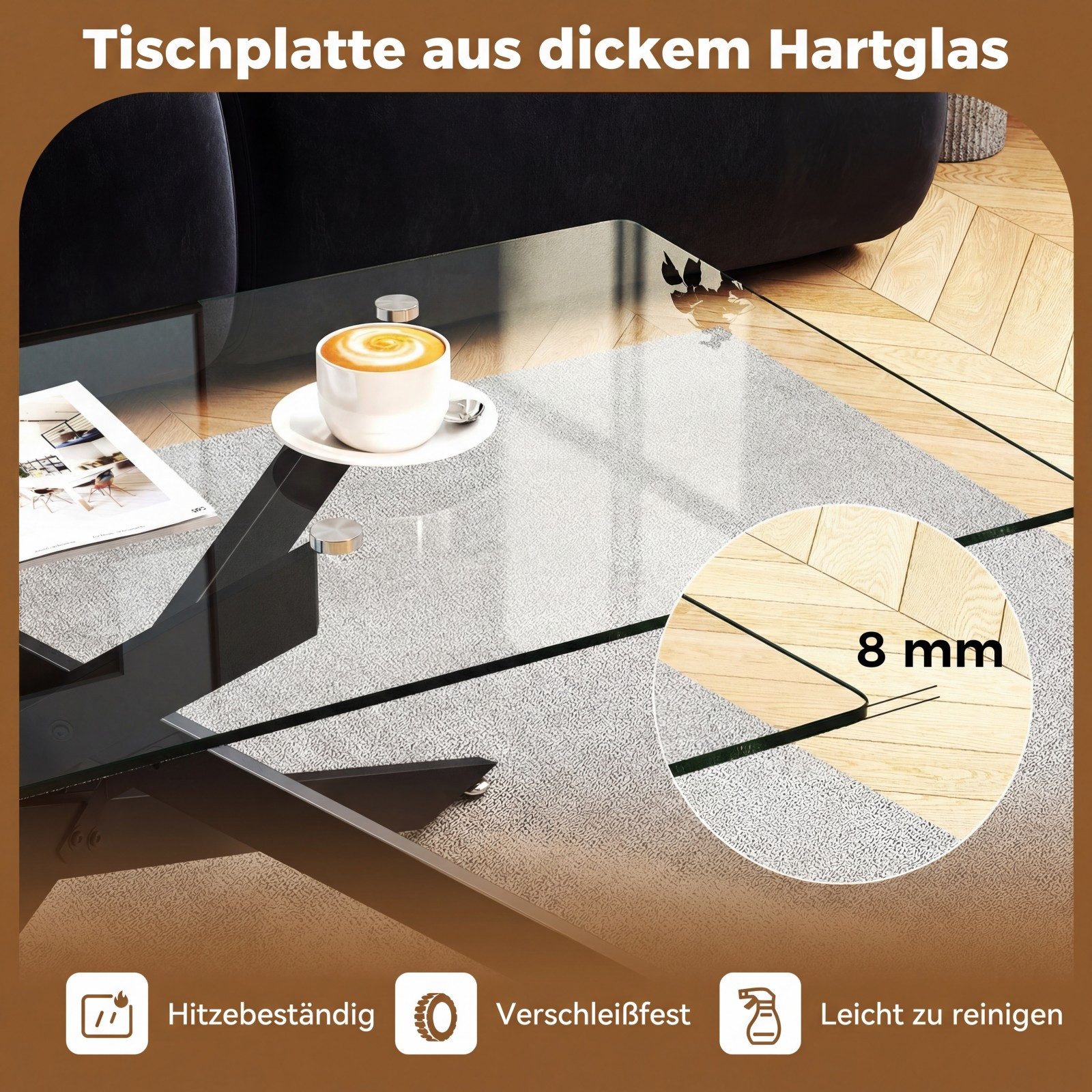 COSTWAY Couchtisch, rechteckiger Glastisch mit Metall-Rohrrahmen Wohnzimmertisch