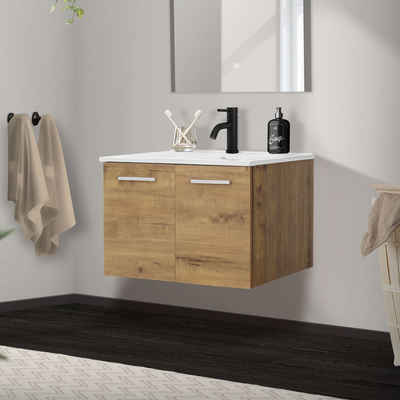 LuxeBath Waschbecken Badmöbel Unterschrank Waschbecken Badezimmermöbel Badmöbel, 2-teilig 59x46,5x42cm MDF Roteiche Keramik Weiß modern