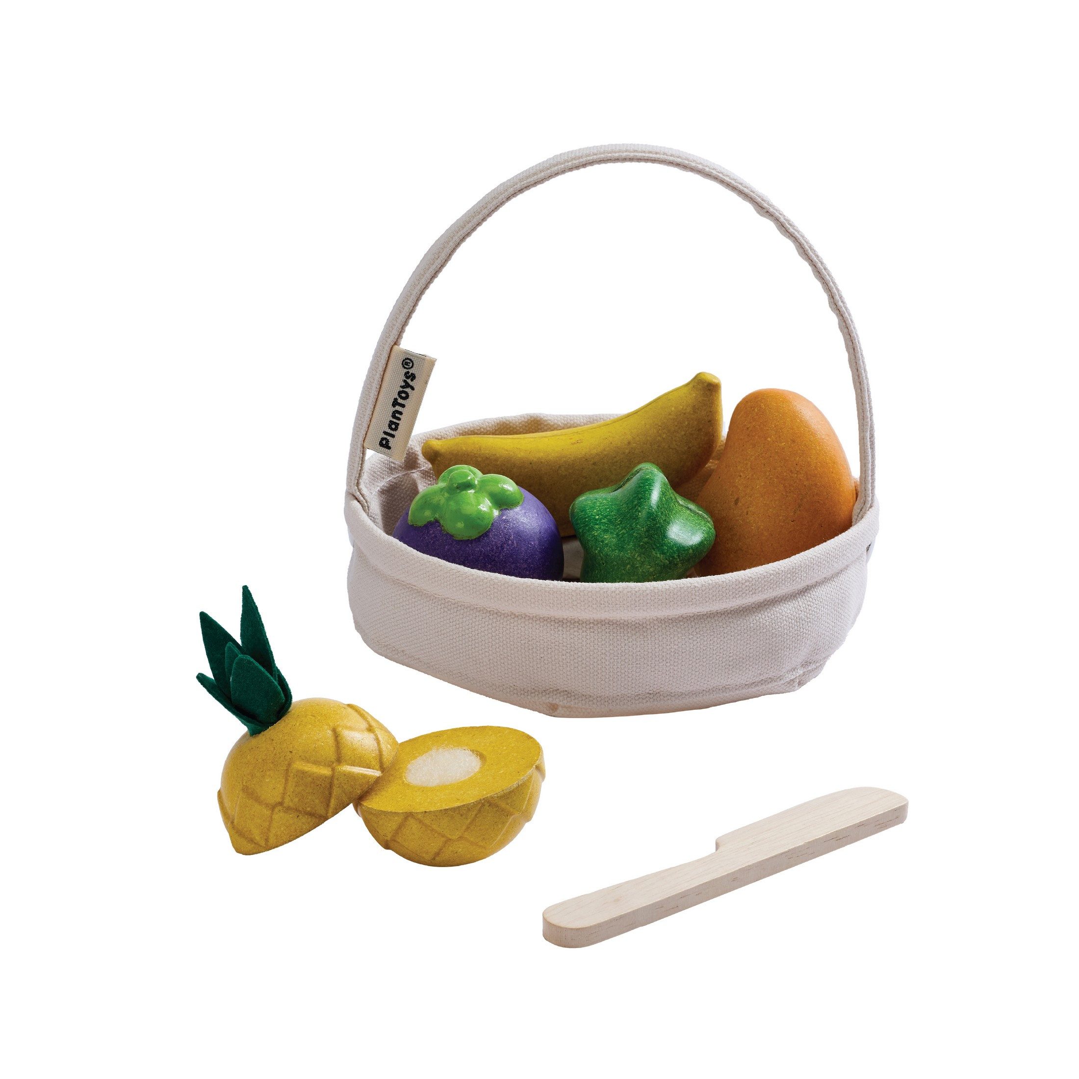 Plantoys Spiellebensmittel PlanToys- Tropischer Obstkorb 18,8x7,5x18,8 cm - 3y+, (Einkaufskorb, Holzmesser und fünf tropische Früchte, 7-tlg)