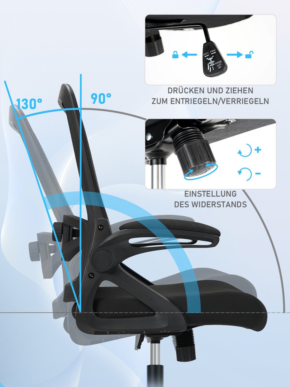 bis Milacyee 130°, Leiserollen, Schwarz Bürostuhl Armlehnen mit Ergonomischer (Set), Chefsessel mit mit Drehstuhl klappbaren Bürostuhl Wippfunktion 130KG