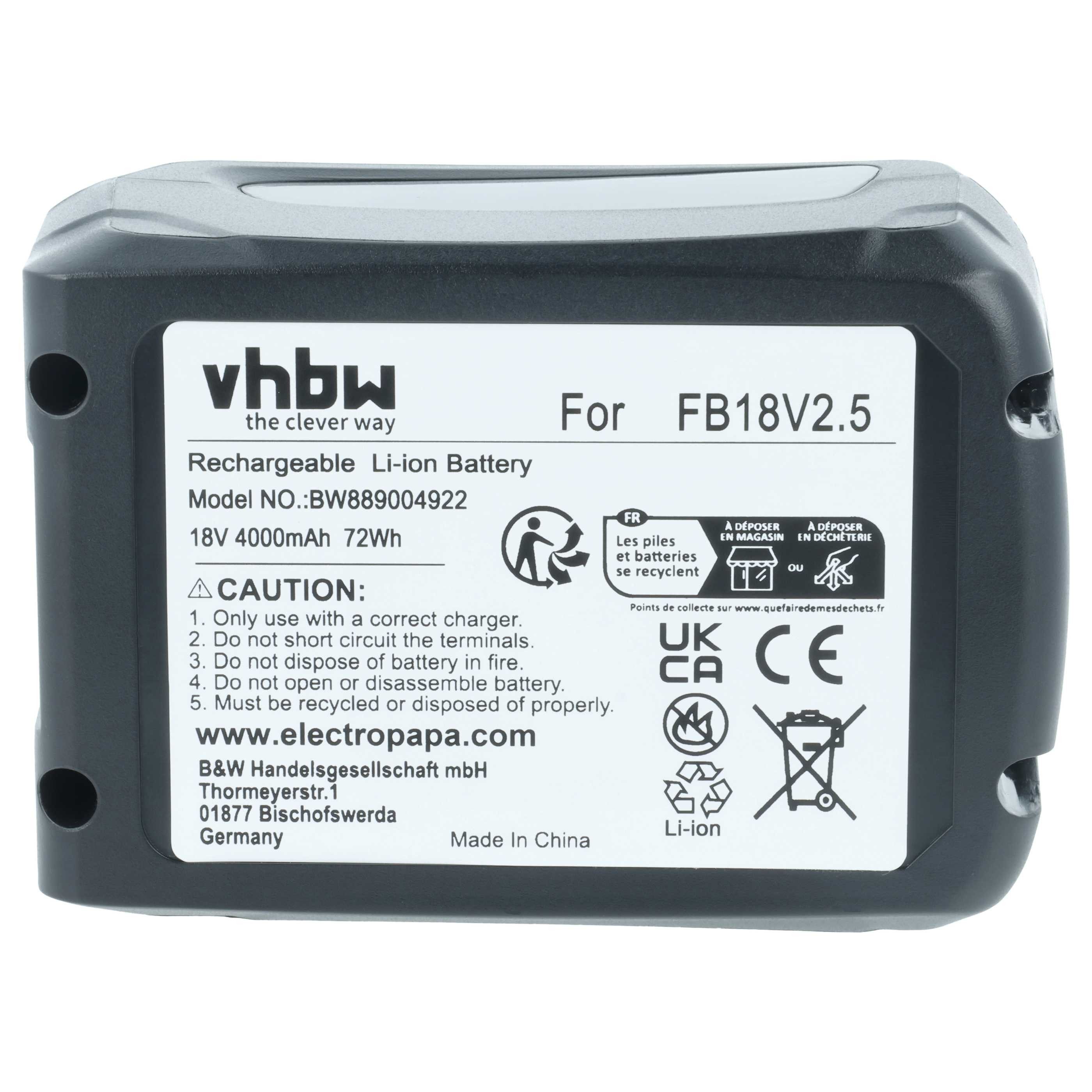 vhbw Akku Ersatz für Flymo FB18V2.5 für Rasenmäher / Heckenschere / Akku Akku Li-Ion 4000 mAh (18 V, 1 St), Leistungsfähiger Austausch-Akku für Rasenmäher Rasentrimmer