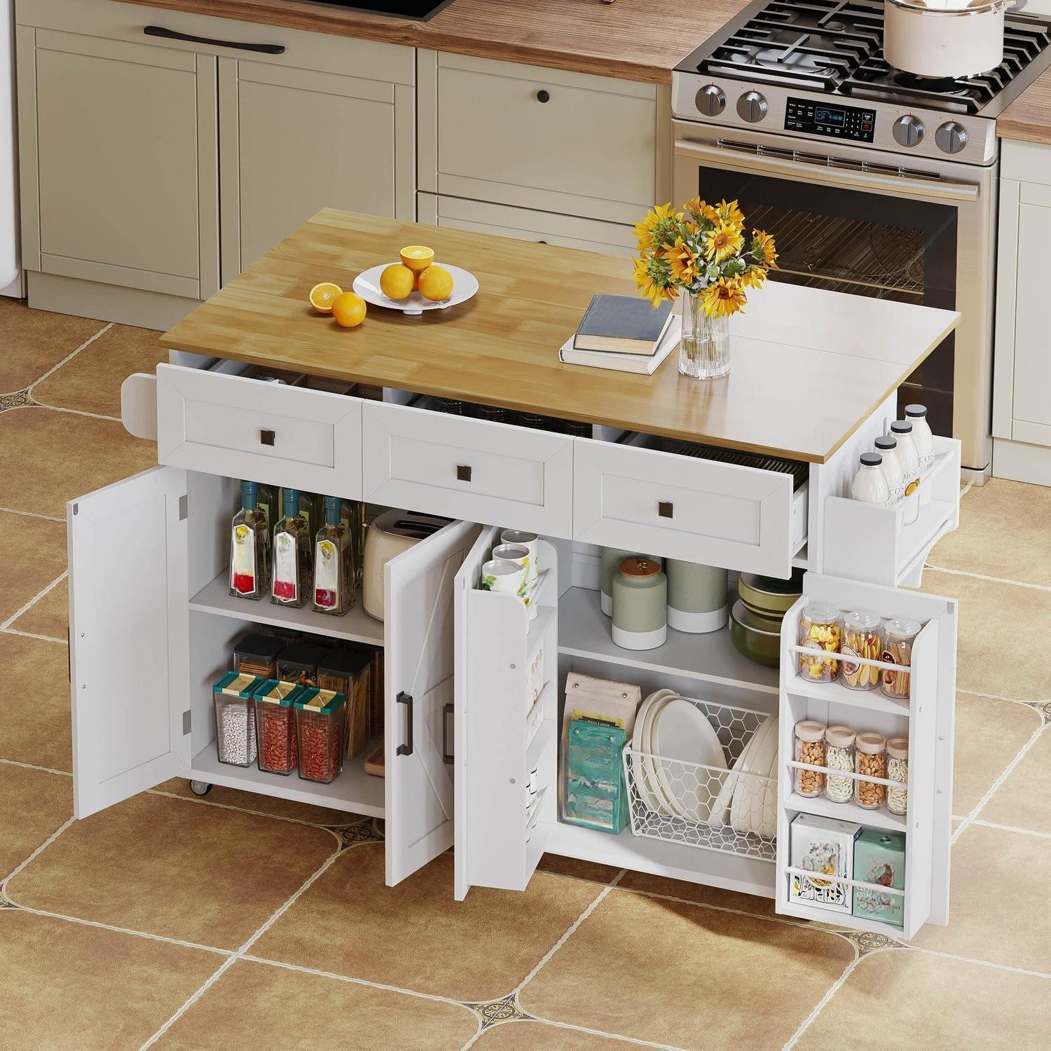 Kücheninsel Küchenwagen Buffetschrank Arbeitsplatte Feststellrollen Weiß