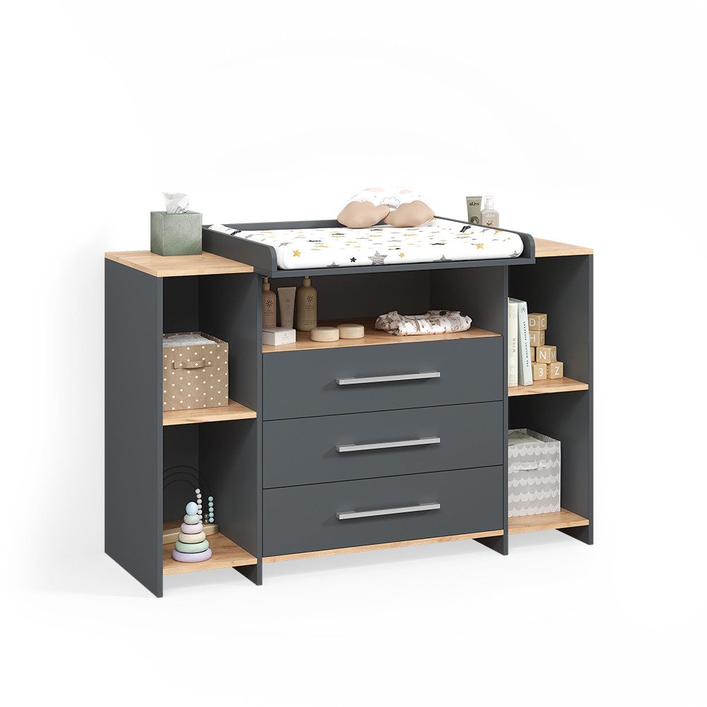 Livinity® Wickelkommode Torino, Anthrazit/Goldkraft Eiche/Goldkraft Eiche, mit 3 Schubladen