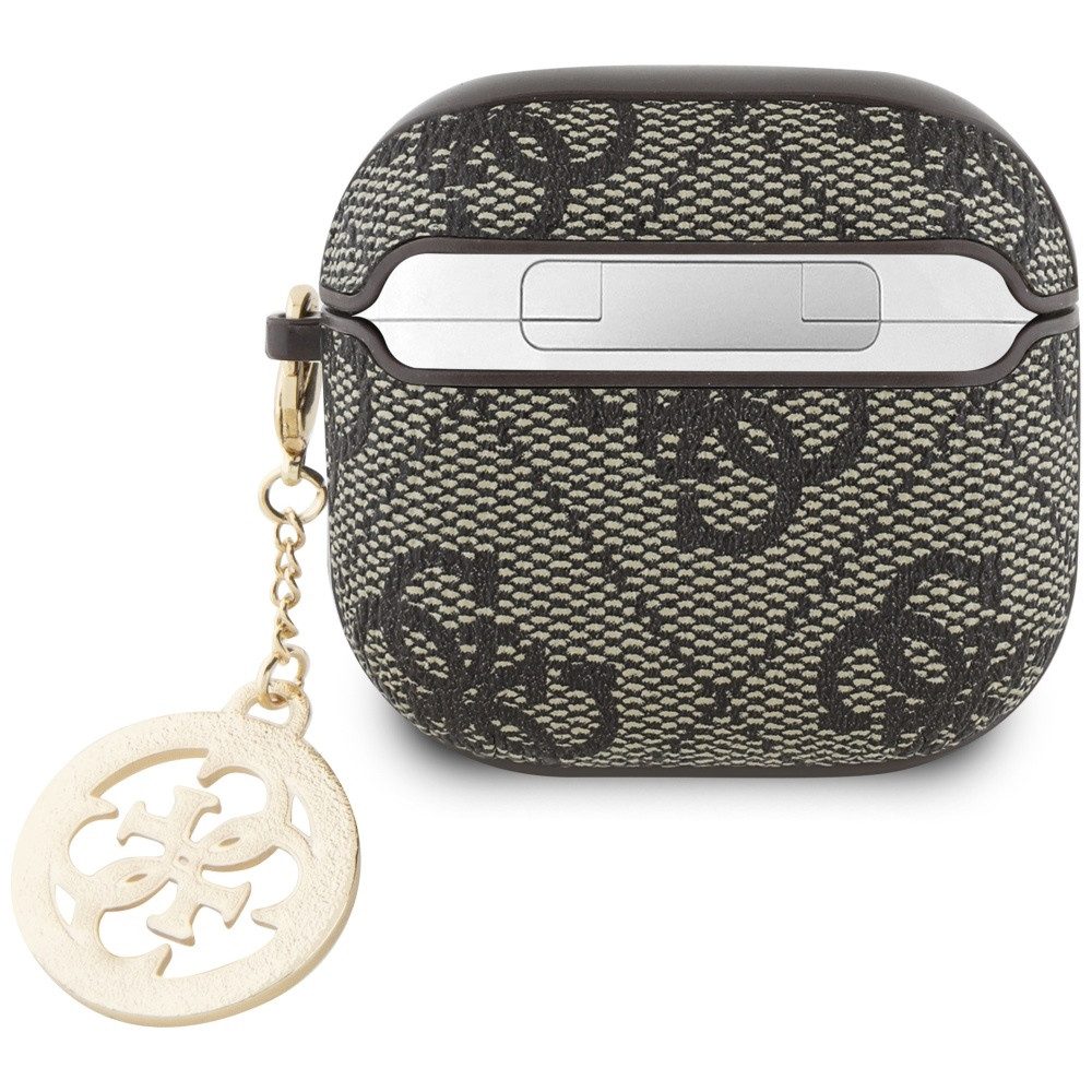 Guess Kopfhörer-Schutzhülle Case AirPods 4 Kunstleder braun Logo Metal Kette Strass goldfarbig, Kantenschutz