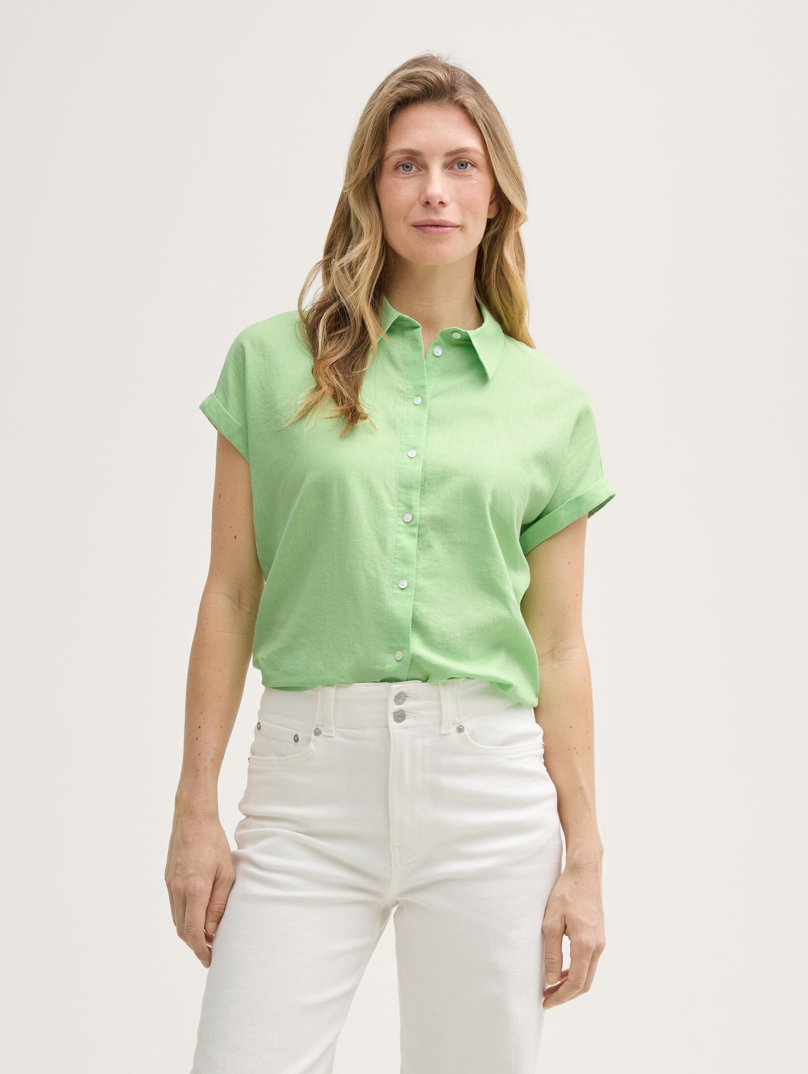 TOM TAILOR Kurzarmbluse Loose Fit Bluse mit Leinenanteil