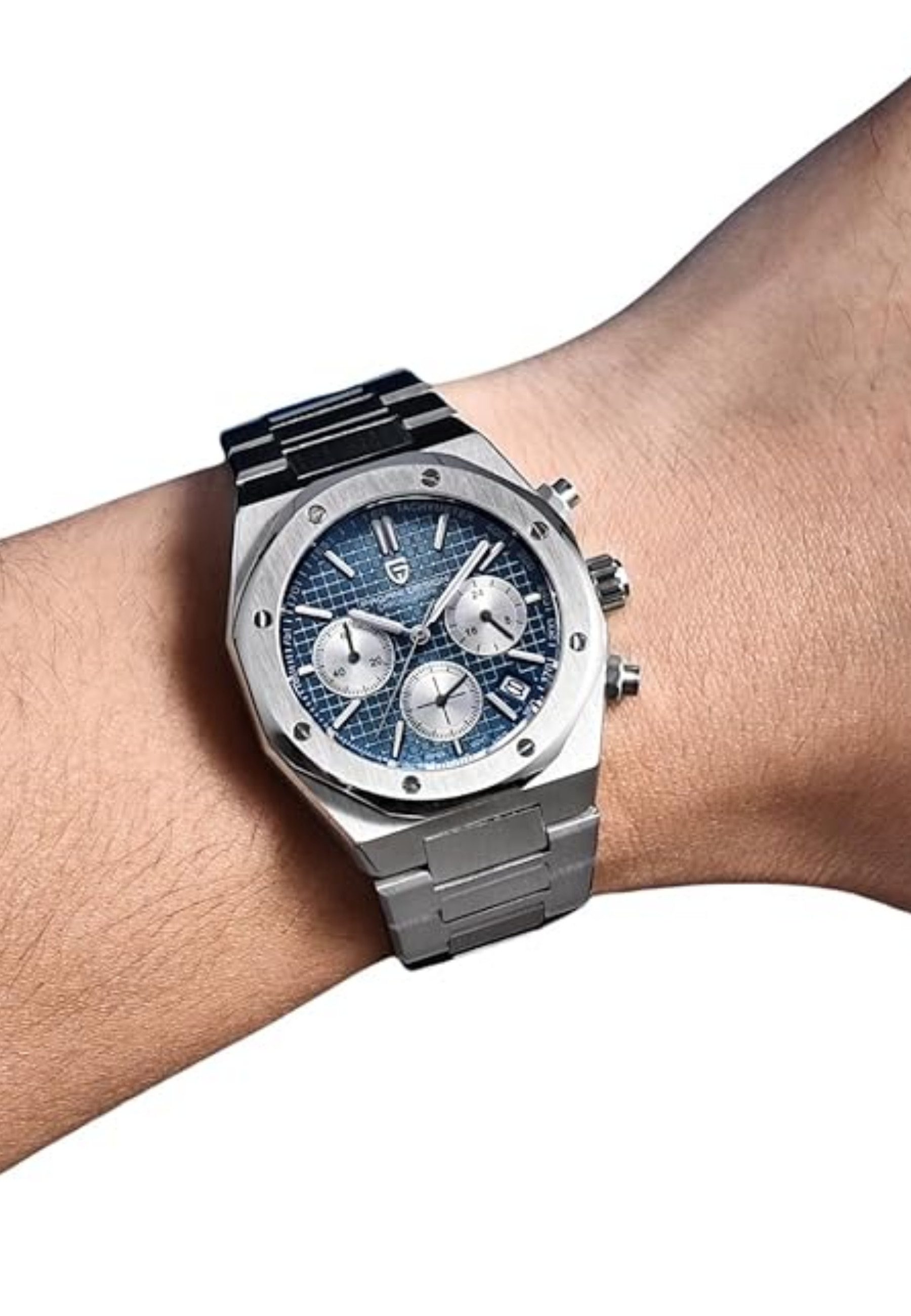 Pagani Design Quarzuhr Herren Uhr Chronograph Armbanduhr Edelstahl Blau Schwarz Wasserdicht, (Packung, Pagani), Chronograph, Edelstahlgehäuse, Saphirglas, Leuchtzeiger 40mm