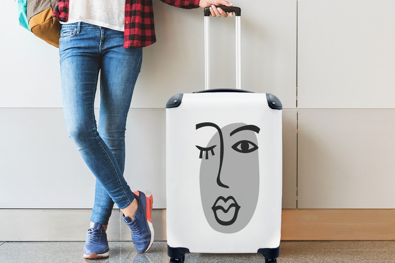 Ferien, Gesicht 4 Reisetasche Handgepäck Schwarz Rollen, - rollen, für Weiß, mit Handgepäckkoffer Reisekoffer MuchoWow Trolley, - - Frau