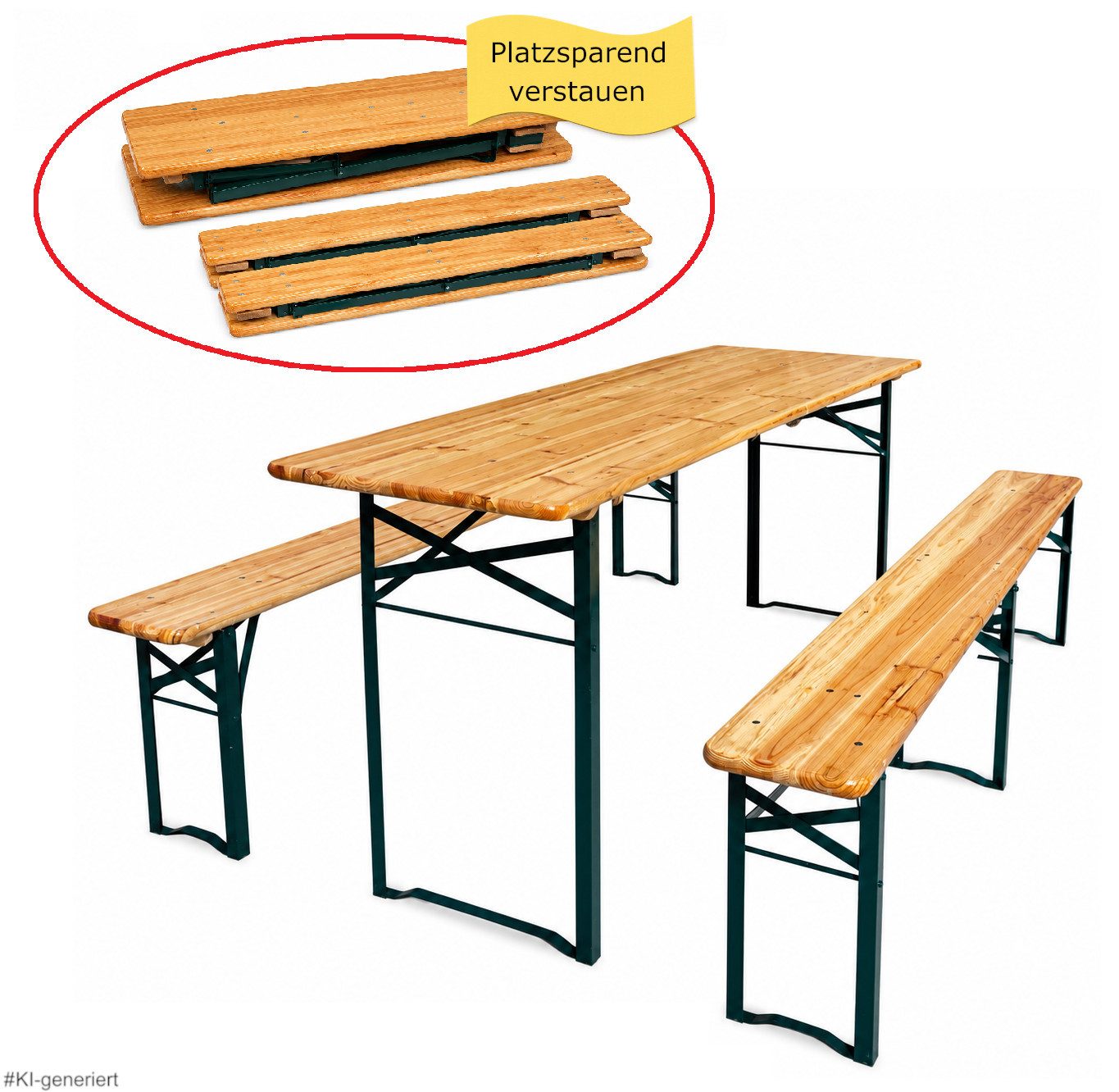 steinwohn Bierzeltgarnitur Klappbar 3-teilig – 1 Tisch und 2 Bänken, Holzplatte & Stahlgestell – Platzsparend Faltbar