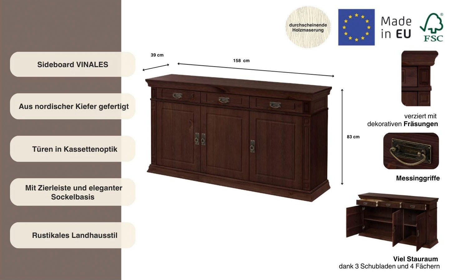 OTTO home Sideboard Vinales (B/T/H: 155/39/83 cm), Kommode, Breite 158 cm