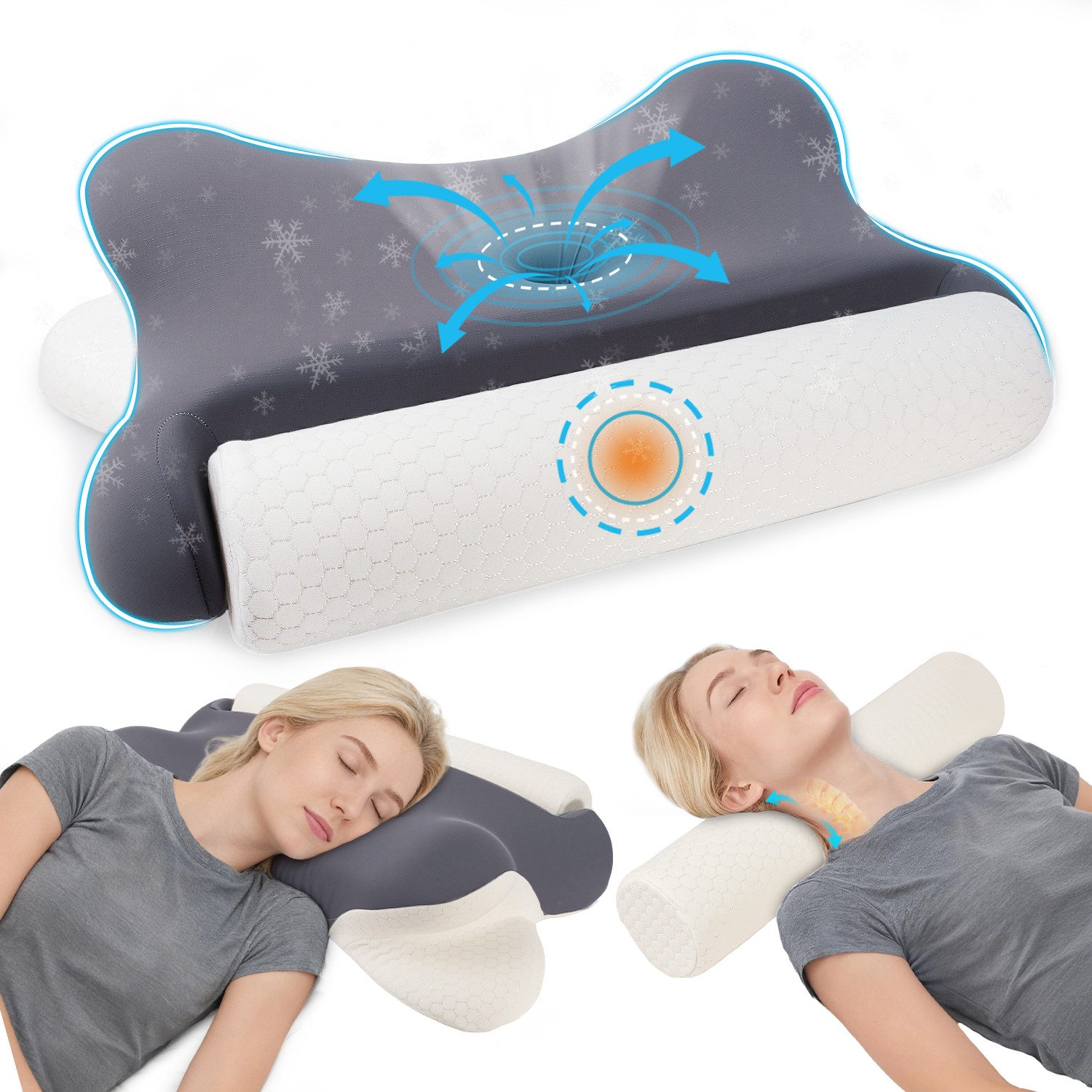 Esun Nackenstützkissen Kopfkissen, 2 in 1 Kissen mit Nackenrolle, Ergonomisches Memory Foam, Füllung: Kissenbezug besteht aus 18% Elasthan und 82% Nylon, Seitenschlafer, Bauchschlafer, Ruckenschlafer, Set, Kissen vom OEKO-TEX® und CertiPUR Getestet, für Seiten Rücken & Bauchschläfer, Nackenkissen