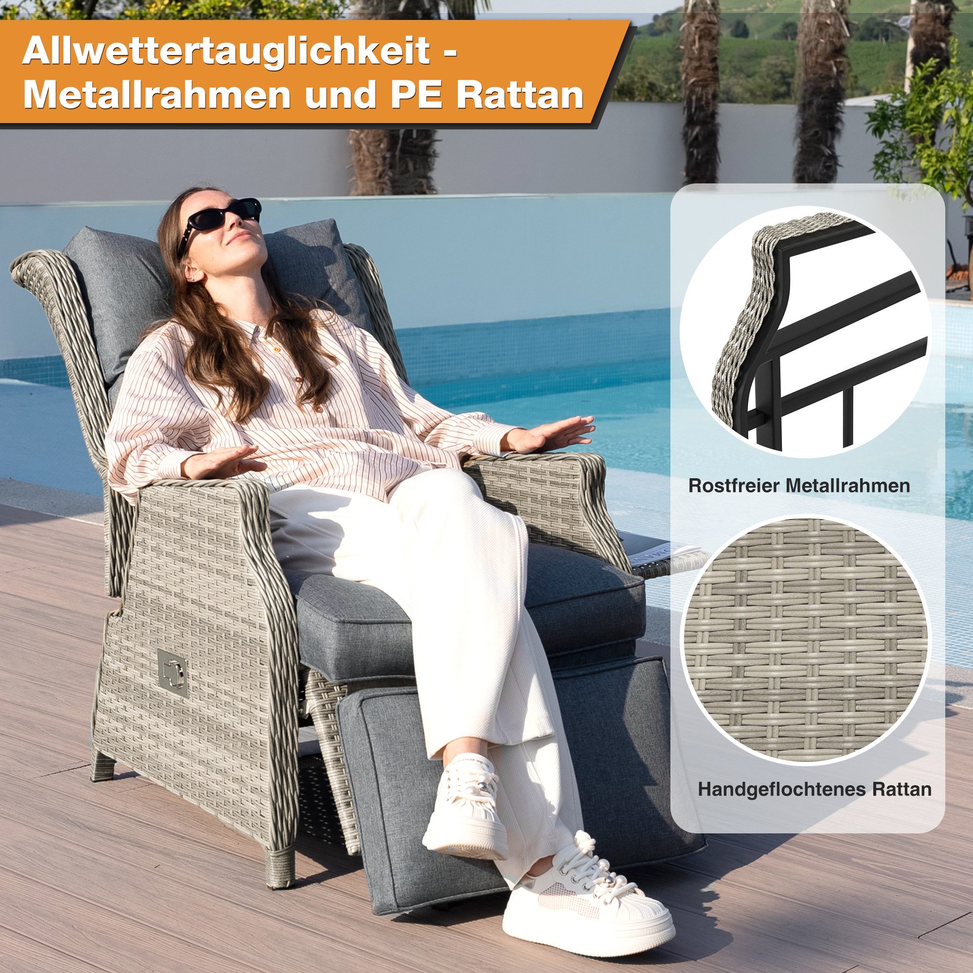 HOMECALL Rattanstuhl Gartensessel Indoor Verstellbar Liegestuhl Gartenliege balkonliege (Wetterfester Rahmen, klappbarem Beistelltisch und Fußstütze, 2 St), COM – Bild 2 von 5