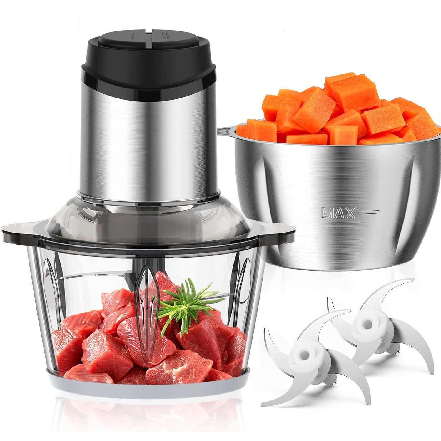 TUWENA Zerkleinerer 2L+2L Fleischwölfe Zerkleinerer Elektrisch Häcksler Edelstahlklingen, Fleischwolf, Chopper für Fleisch, Babynahrung, Obst, Gemüse