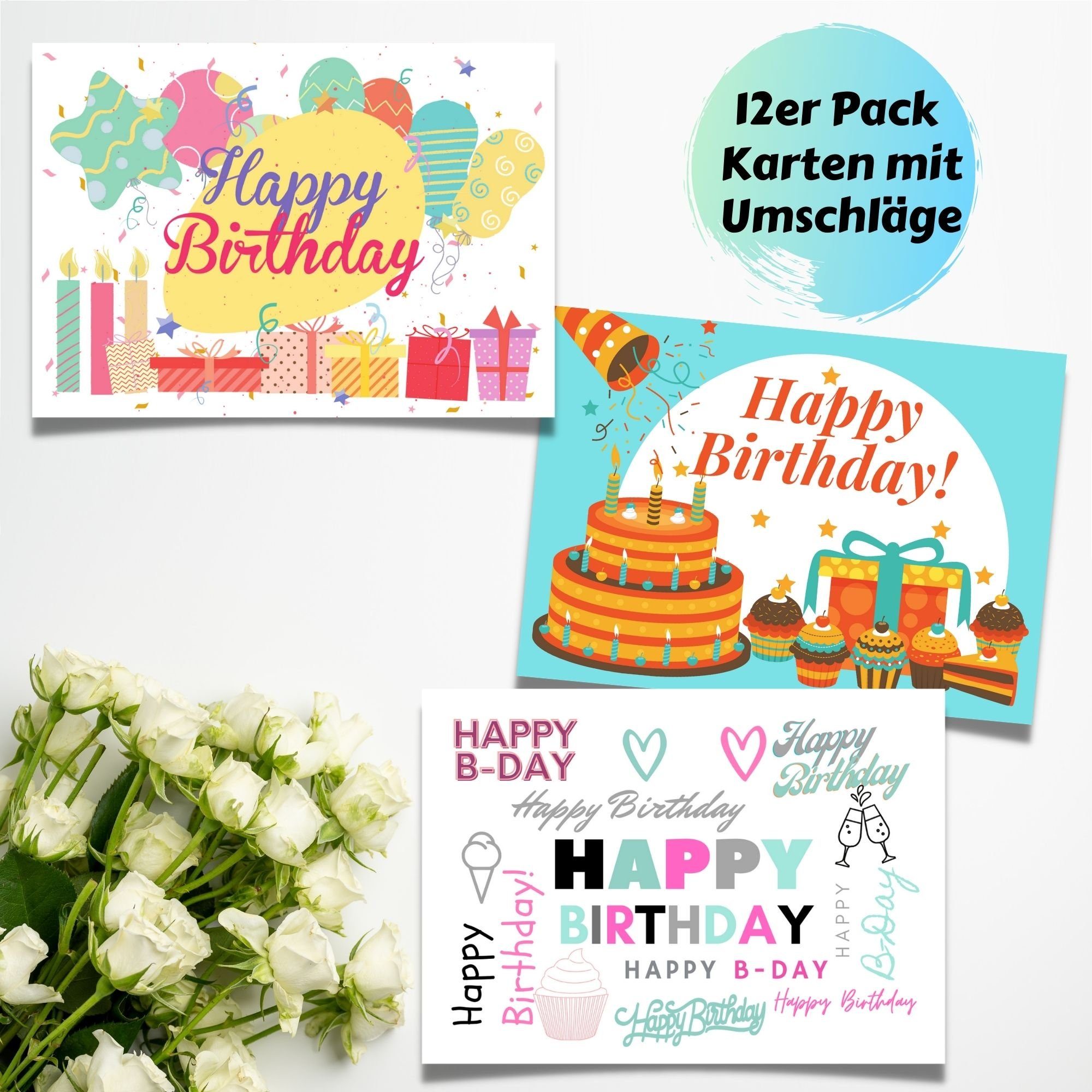 Domelo Geburtstagskarte Geburtstagskarten 12er Set zum Postkarten, Set, Karten mit Geburtstag Birthday Umschlag, Happy 12er Grußkarten Kraftpapier