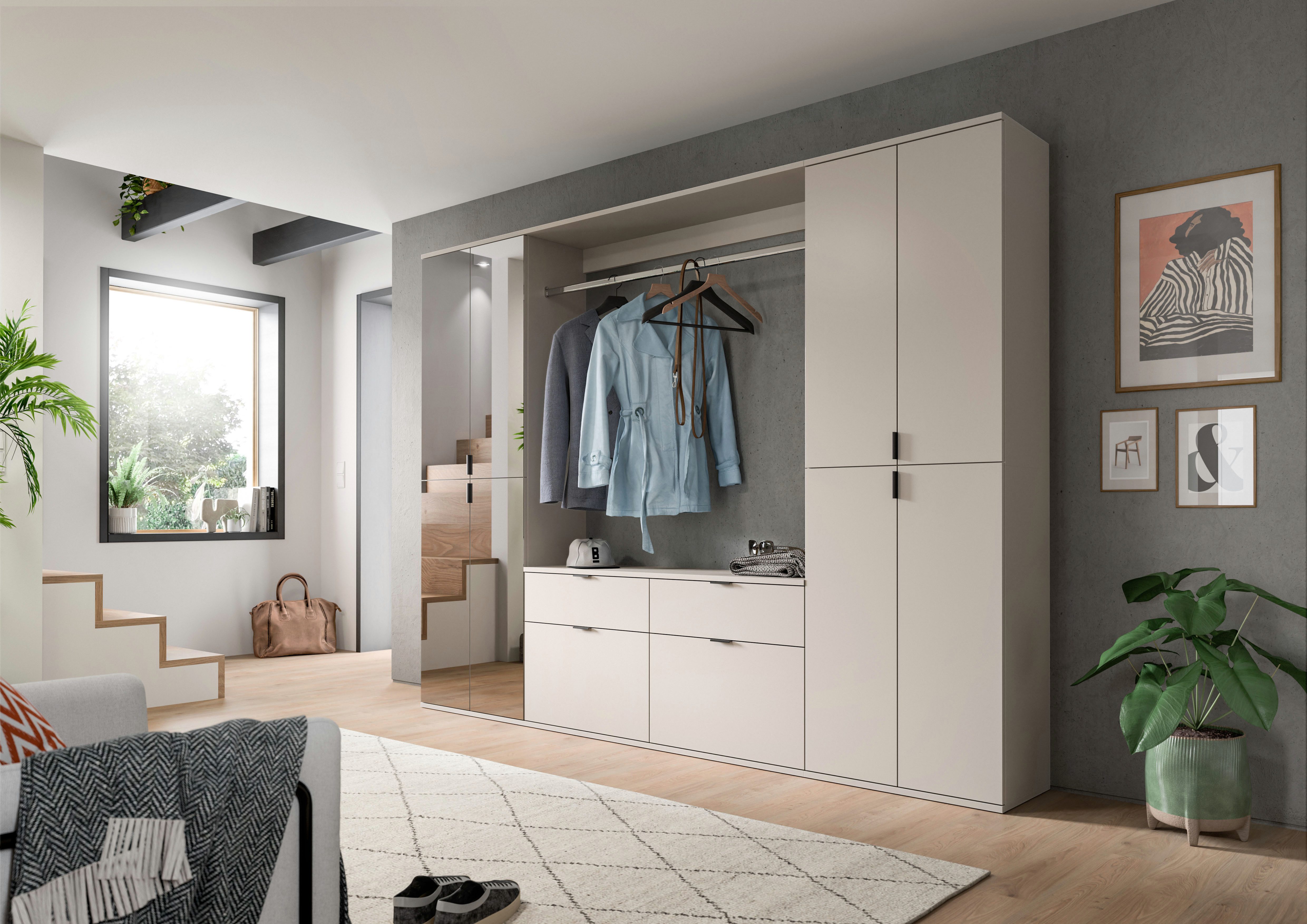 Home affaire Garderoben-Set TRONDHEIM, 5-teilig, Breite 243cm, individuell platzier- & erweiterbar, (Set, 4-St., bestehend aus: 2x Garderobenschrank breit & 3-tlgs. Zwischenbauelement), Garderobenschrank, Kleiderschrank, Schrankkombination, Garderobe