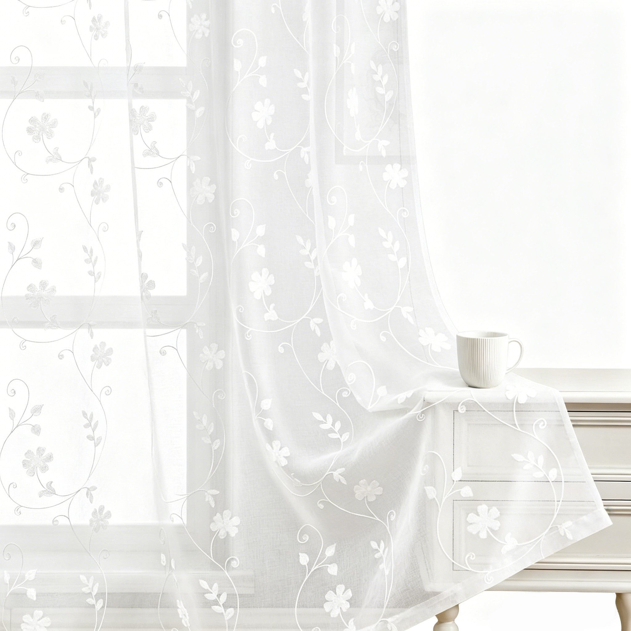 Agger Vorhang Leinen Voile Vorhänge, halbtransparente Blumenvorhänge, Blätter-Stickerei Vorhänge, geeignet für Schlafzimmer und Wohnzimmer