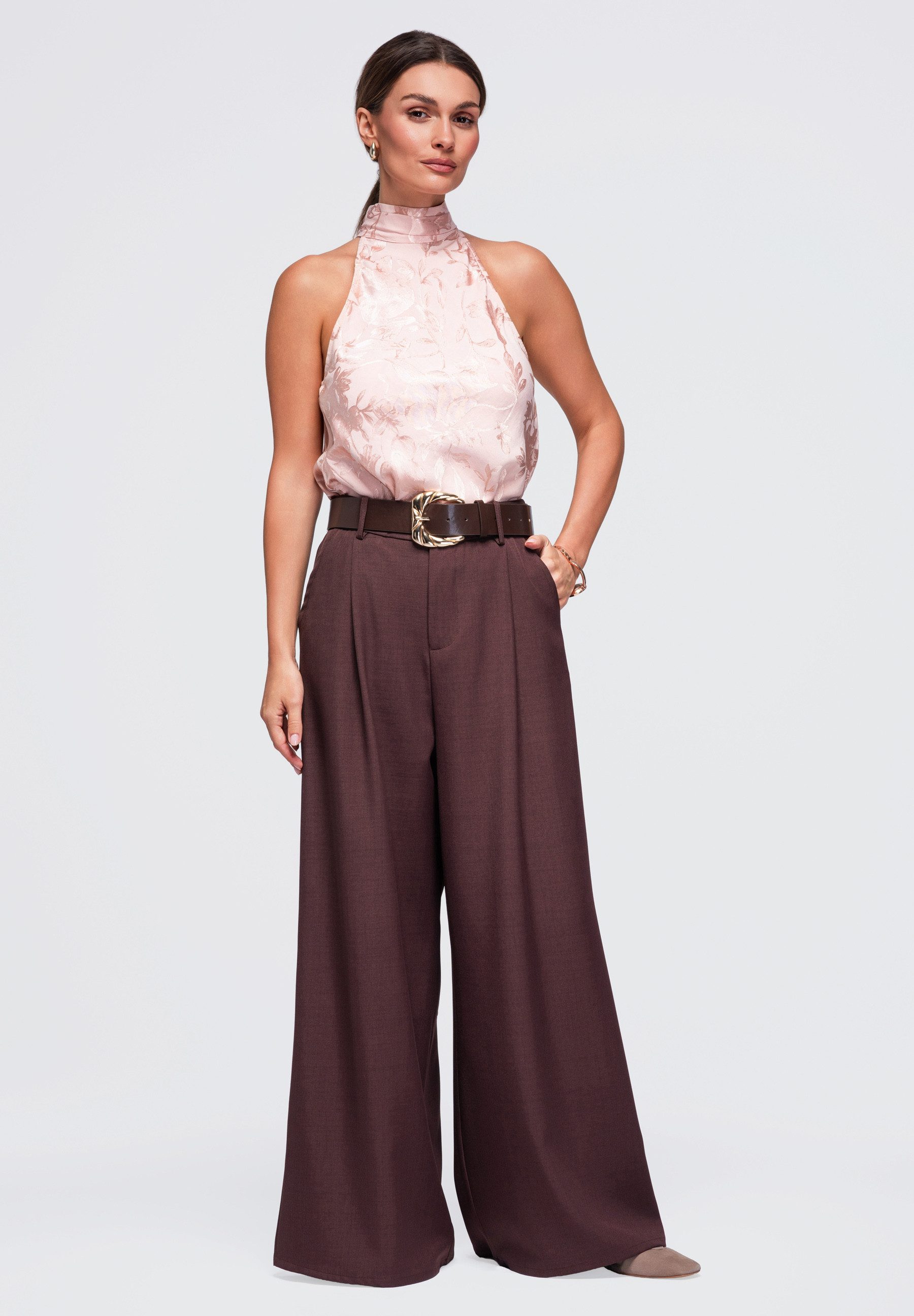 OMBRE Palazzohose Damen Palazzohose mit weitem Bein und hohem Bund Braun L (kein Set, 1-tlg) in Unifarbe