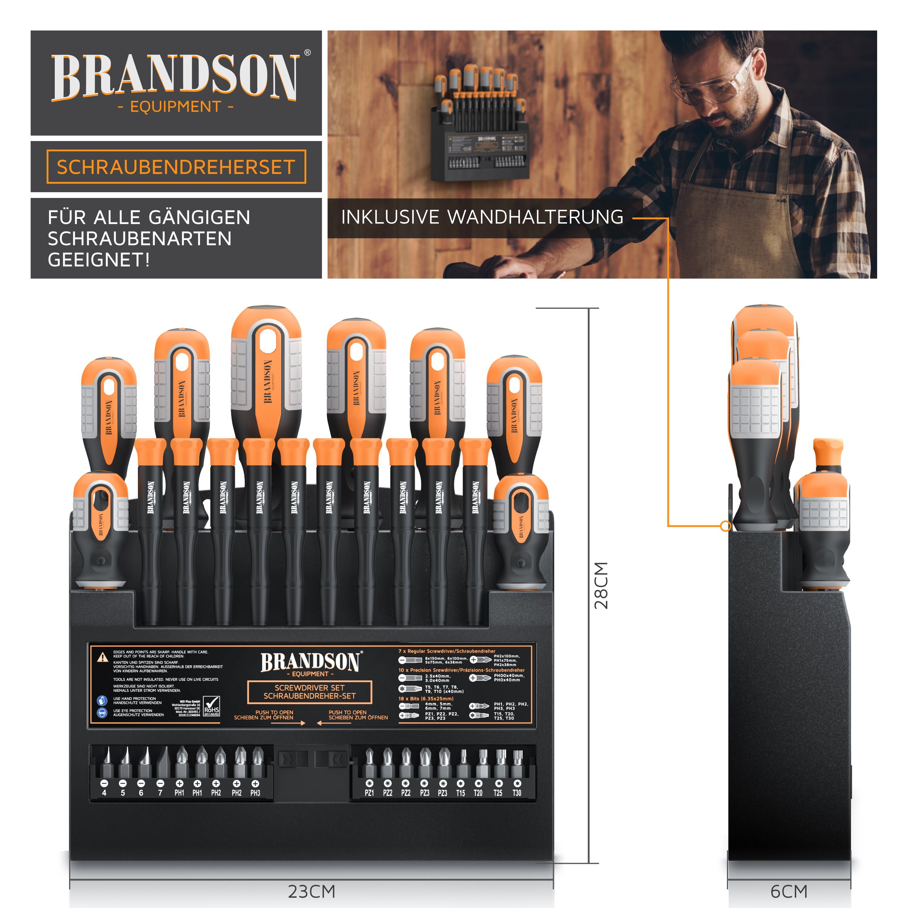 Brandson Schraubendreher Set 36 teilig, magnetisch, 18 Bits mit Bithalter, Schlitz und Kreuzschlitz, Feinmechanik