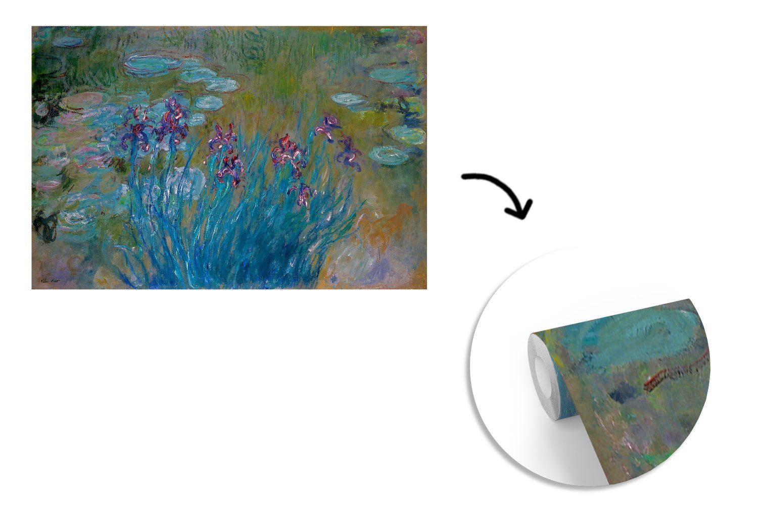 Fototapete Monet, für (7 Seerosen St), Vinyl MuchoWow Matt, Montagefertig Wohnzimmer, und Gemälde bedruckt, Tapete Wandtapete Schwertlilien - von Claude