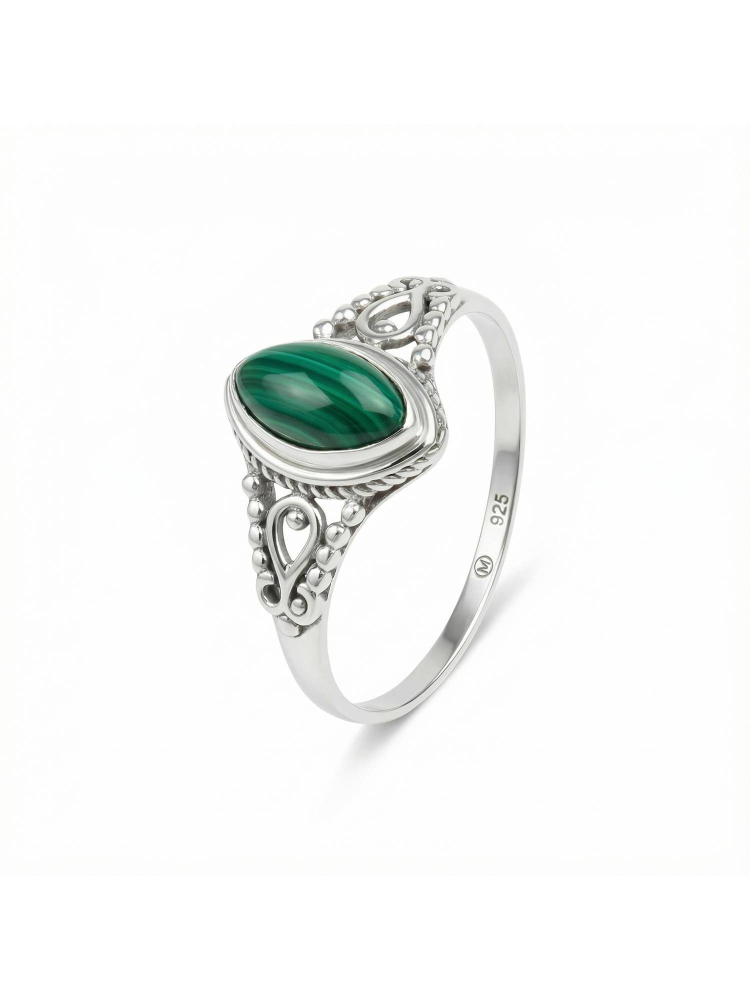 mantraroma Silberring MERANDAL aus 925 Silber mit Malachit (Ring mit Schmuckbeutel), Damenring aus 925er Silber