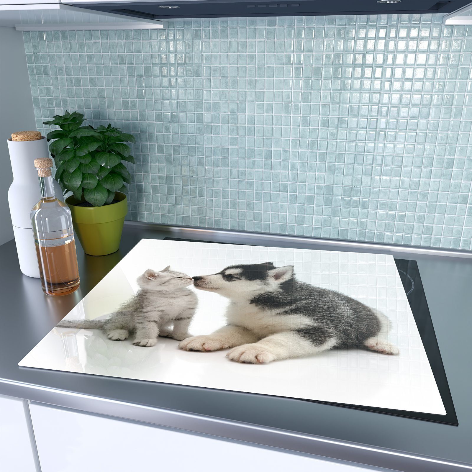 Primedeco Herd-Abdeckplatte Herdabdeckplatte (1 küsst aus Glas, Hund tlg) Glas Spritzschutz Katze