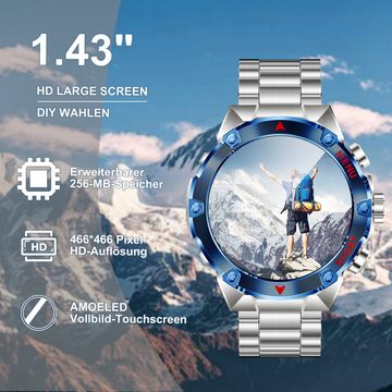 HYIEAR Smartwatch Damen Herren, 1,43", IP67 wasserdicht, für Android/iOS Smartwatch, 1-tlg., Wird mit USB-Ladekabel geliefert., Sportarmbänder, Gesundheitsfunktionen, individuelle Zifferblätter