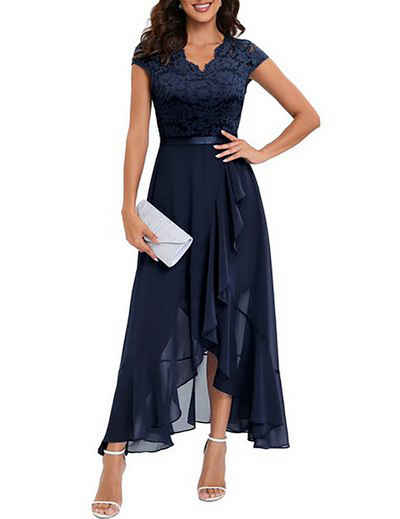 BlauWave Abendkleid Damen Cocktailkleid mit V-Ausschnitt und Spitze (1-tlg) Elegant Floral Spitze Rüschen Brautjungfer Maxikleid