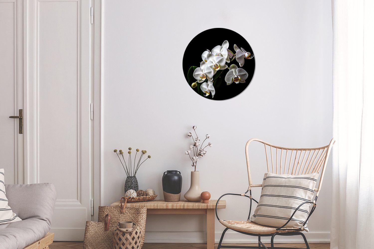 für Weiß Natur Orchidee Blumen St), Rund, - MuchoWow Wandsticker Wohnzimmer - - (1 Schwarz Kinderzimmer, Tapetenaufkleber, - Tapetenkreis