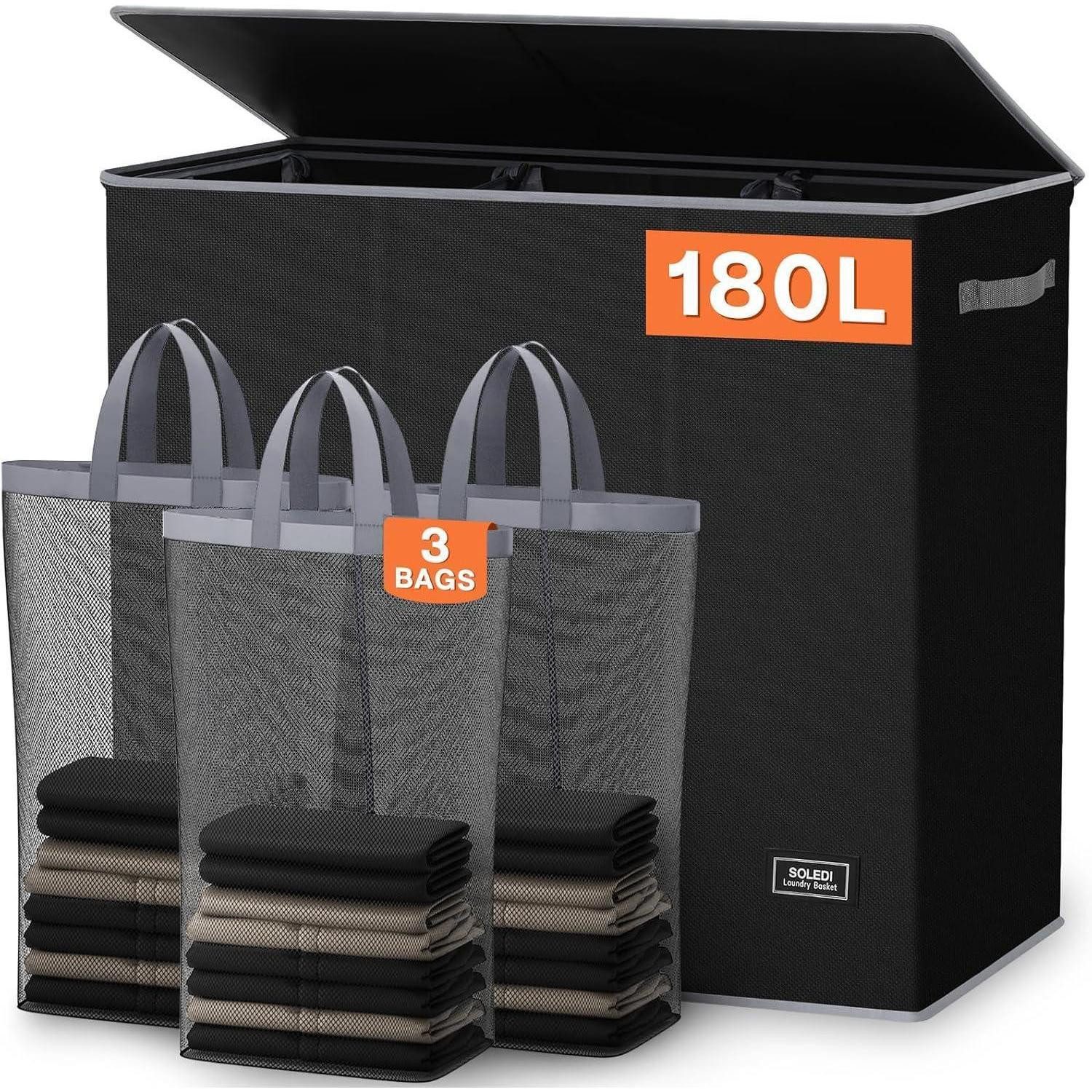 LuxusKollektion Wäschesortierer Wäschekorb 3 Fächer 3 Wäschesack 3x60L Deckel 180 Liter Schwarz