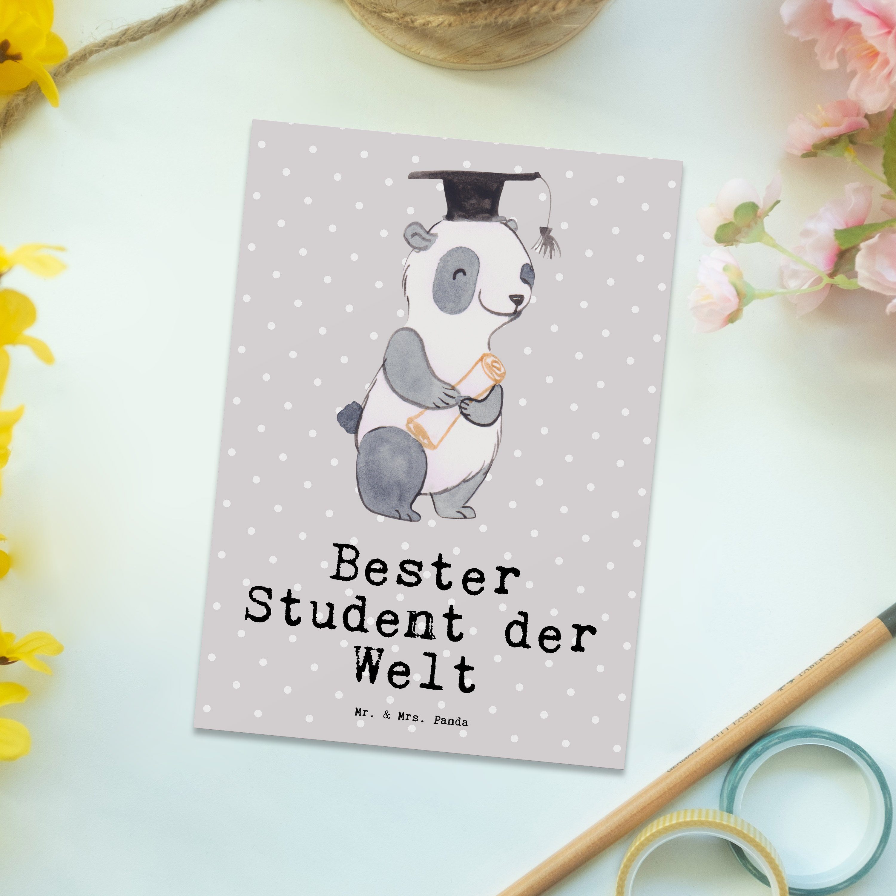 Welt Postkarte Student Mrs. Mr. Grußkar - Panda Geschenk, Bester Grau Panda - Uni, der & Pastell