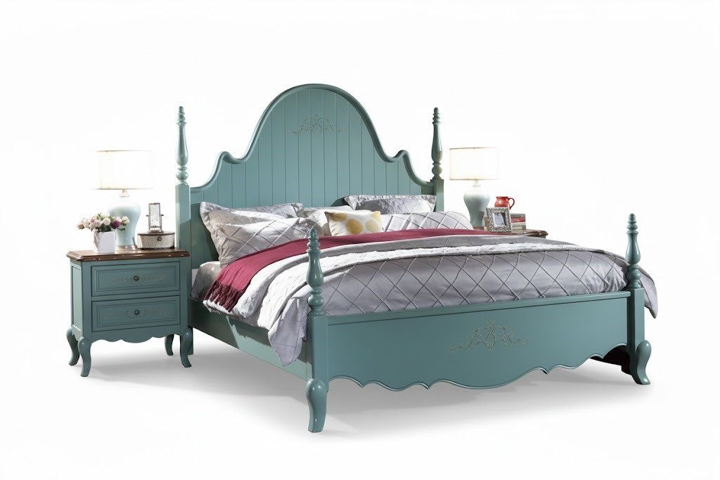Xlmoebel Schlafzimmer-Set Klassisches Schlafzimmer-Set aus Holz in Blau Sofort, (2-tlg., Bett + 2x Nachttische), Hergestellt in Europa
