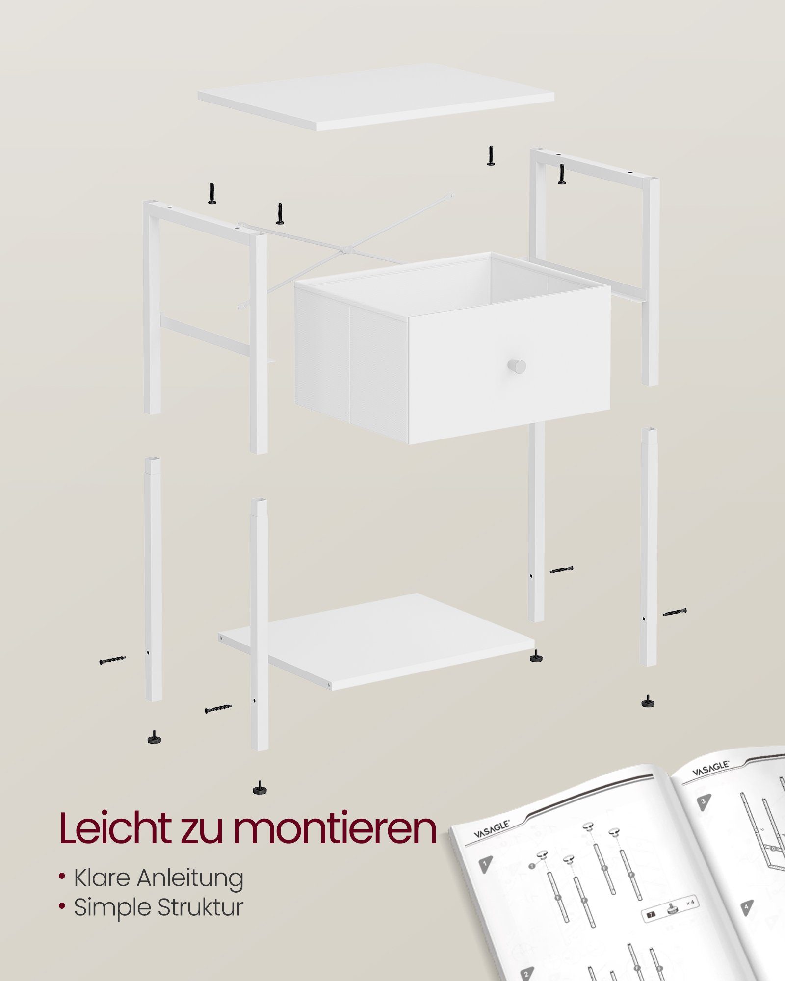 VASAGLE Nachttisch (1-St), mit cm Stoff-Schublade, hoher,mit Ablage 61 Weiß