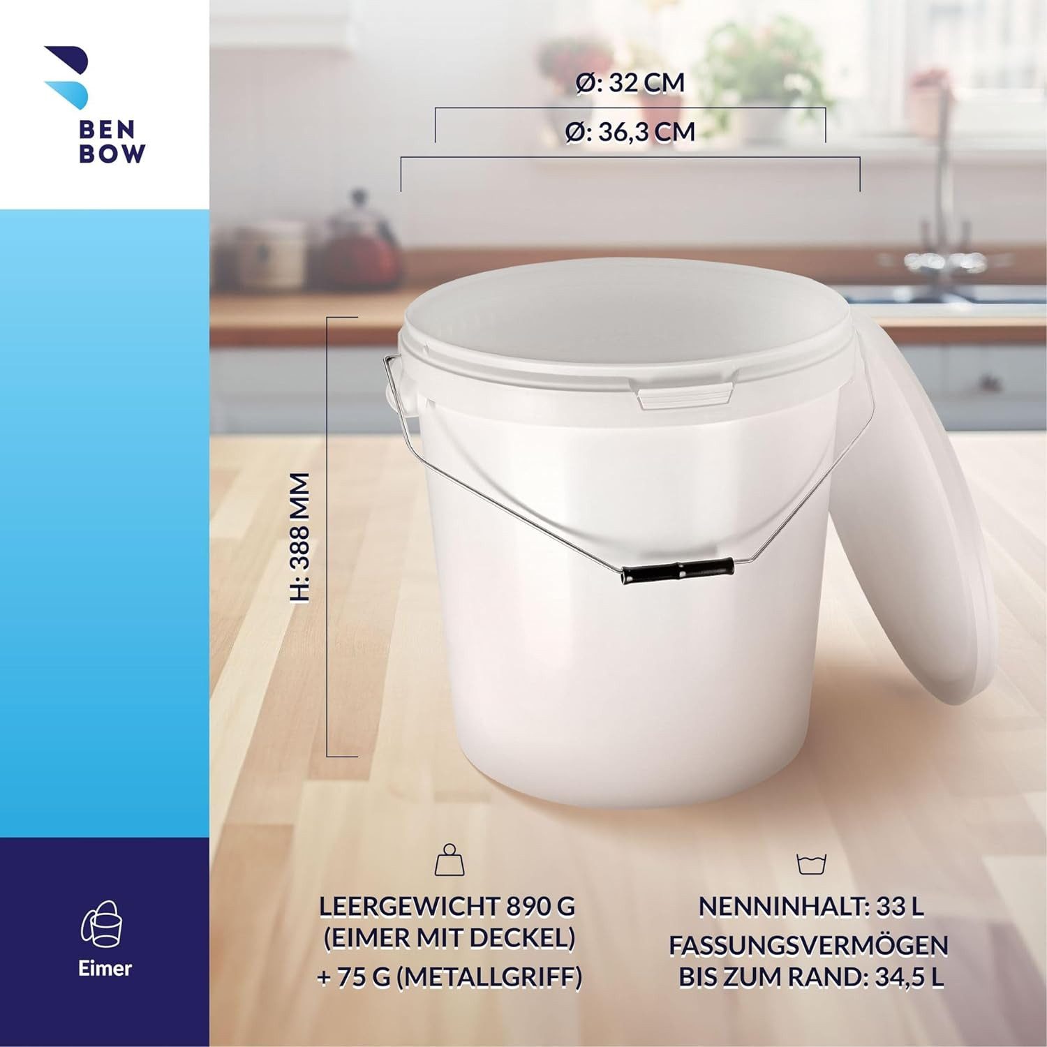 BENBOW Putzeimer Eimer mit Deckel 30 20 10 5 3 1 0,5 L Viele Farben Lebensmittelecht, (1-tlg., PZH-, BRC- und DIN-ISO-zertifiziert), für Lebensmittel, Farben, Chemikalien