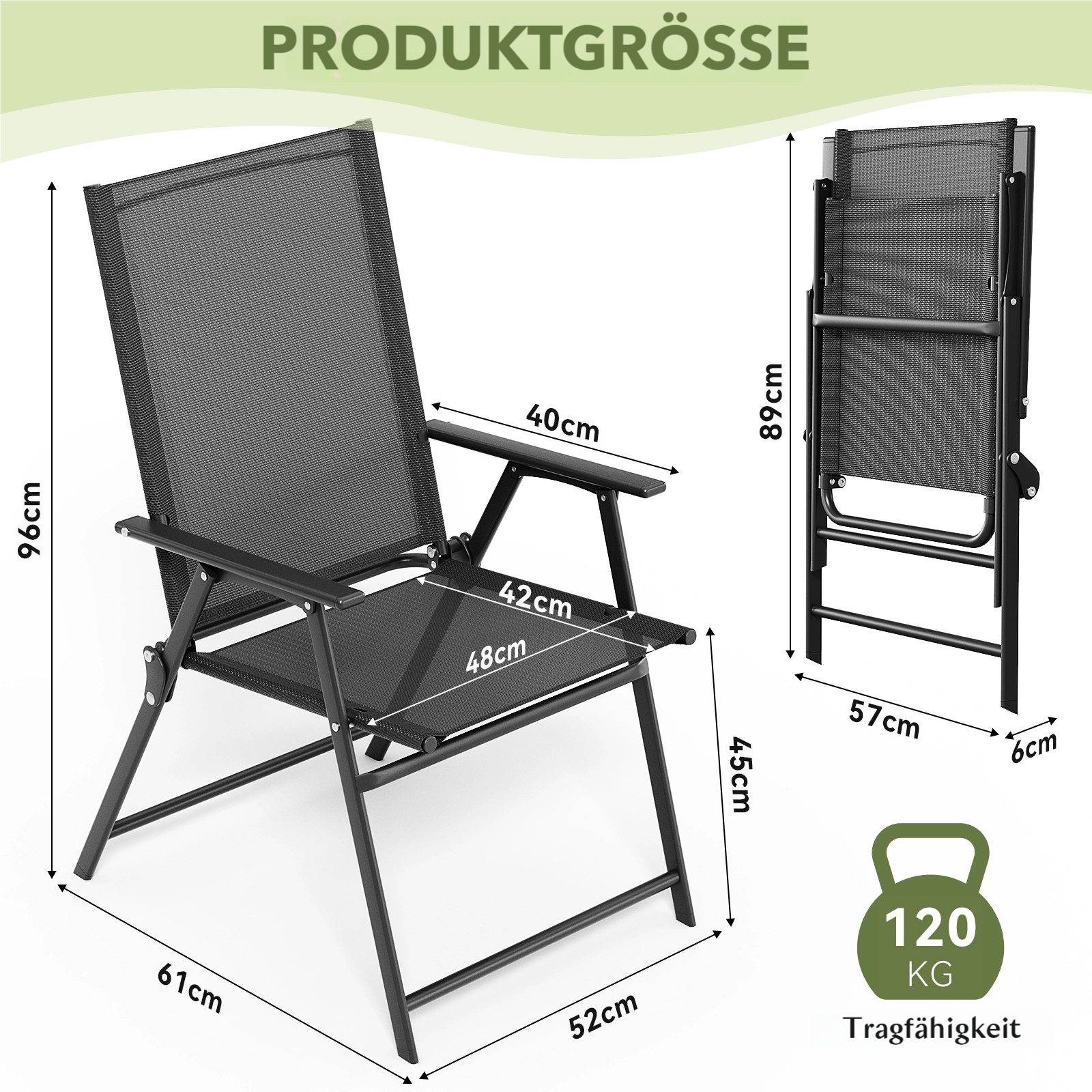 TLGREEN Klappstuhl Eisen-Gartenstuhl mit atmungsaktivem Teslin-Gewebe, (Armlehnen & hoher Rückenlehne, allwettertauglich, 2 St), – für Garten, Pool, Camping – Bild 2 von 5