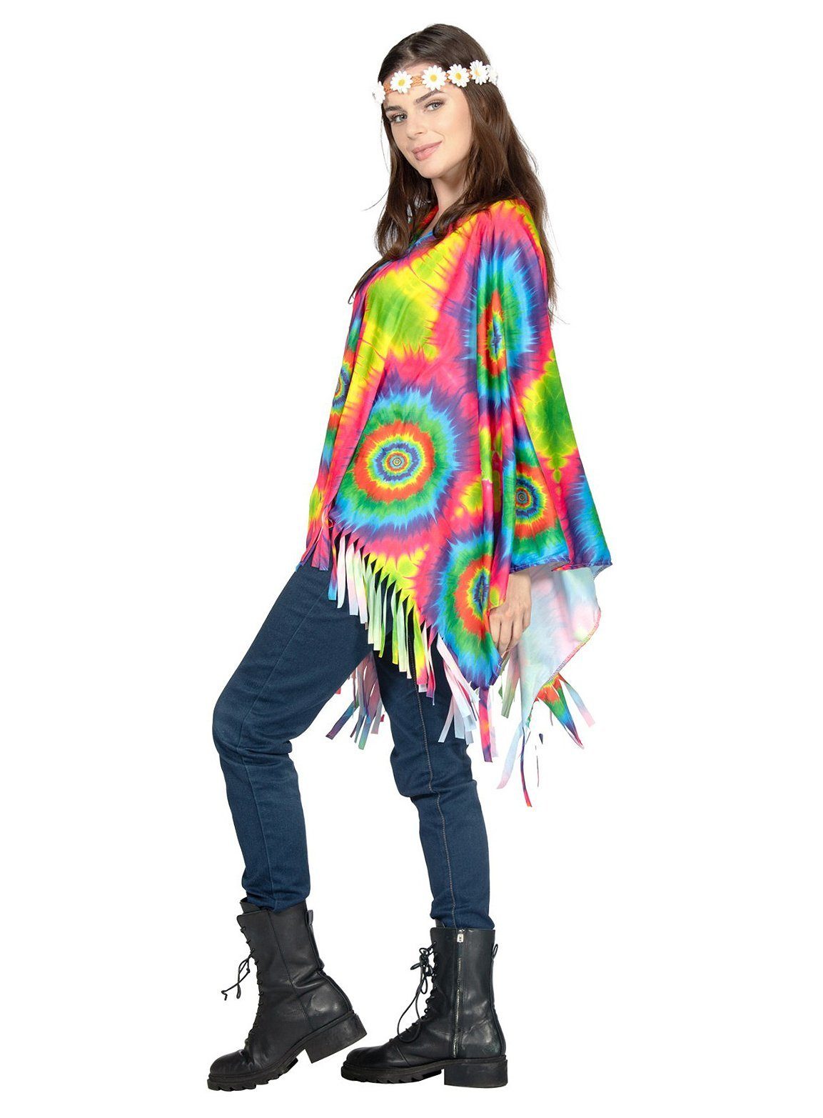 Metamorph Hippie-Kostüm Regenbogen Hippie Batik Poncho - Karneval Fasching, In psychedelischen Farben bedruckter Überwurf mit Fransen