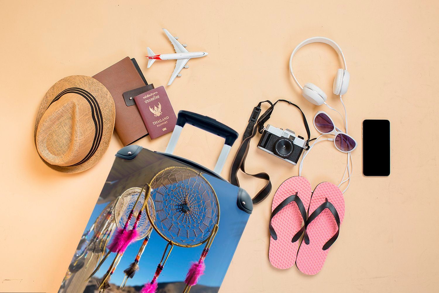 MuchoWow Handgepäckkoffer Ein rosa Traumfänger rollen, für Reisekoffer Ferien, 4 mit Staaten, Trolley, Rollen, Vereinigten den Reisetasche in Handgepäck