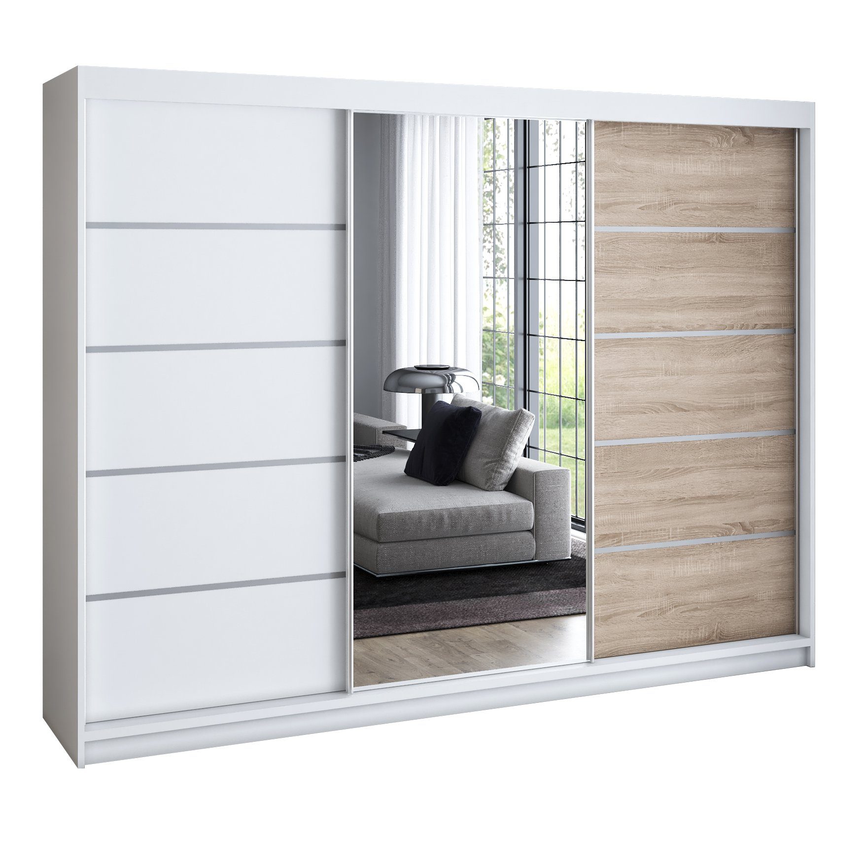 A&J MöbelLand GmbH Schiebetürenschrank VILUNO mit 4 Schubladen und Spiegel (nur für kurze Zeit! TOP ANGEBOT! Geräumiger Schrank mit einer Breite von 200 cm und Spiegel, ideal zur Aufbewahrung von Kleidung und Accessoires. 4 Schubladen und viel Stauraum. T