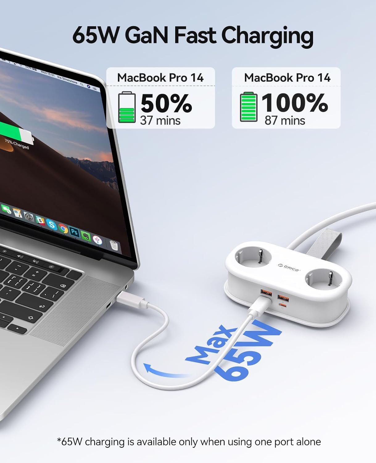 ORICO Steckdose 65W GaN Schnellladung Mehrfachsteckdose 6-in-1 Steckdosenleiste, Packung, 1-St., Mehrfach-Steckdosenleiste für Reisen, kompakter Mehrfachstecker für MacBook iPad iPhone Laptop