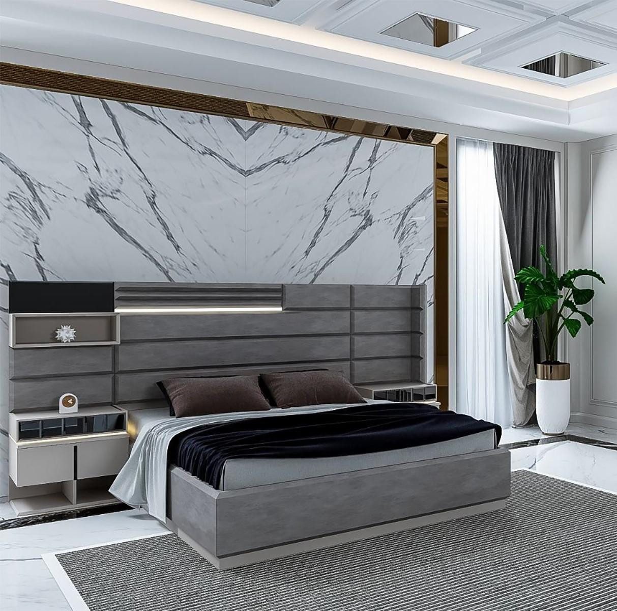 JVmoebel Schlafzimmer-Set Stilvolles graues Schlafzimmer mit Beleuchtung und Design-Nachttischen, (3-tlg)