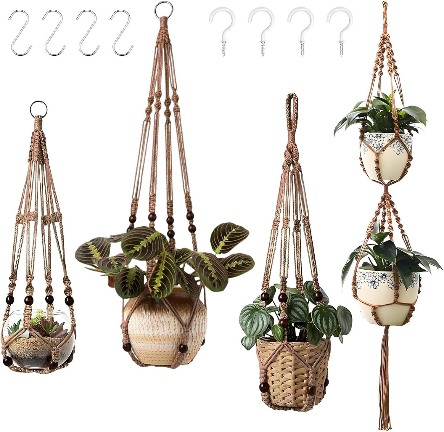 Diwzbyn Dekohänger Makramee Pflanzenhänger 4er Set mit Haken, Hängekorb aus Baumwolle, Boho Hängekorb für Blumentöpfe, mit Aufhängeschlaufen